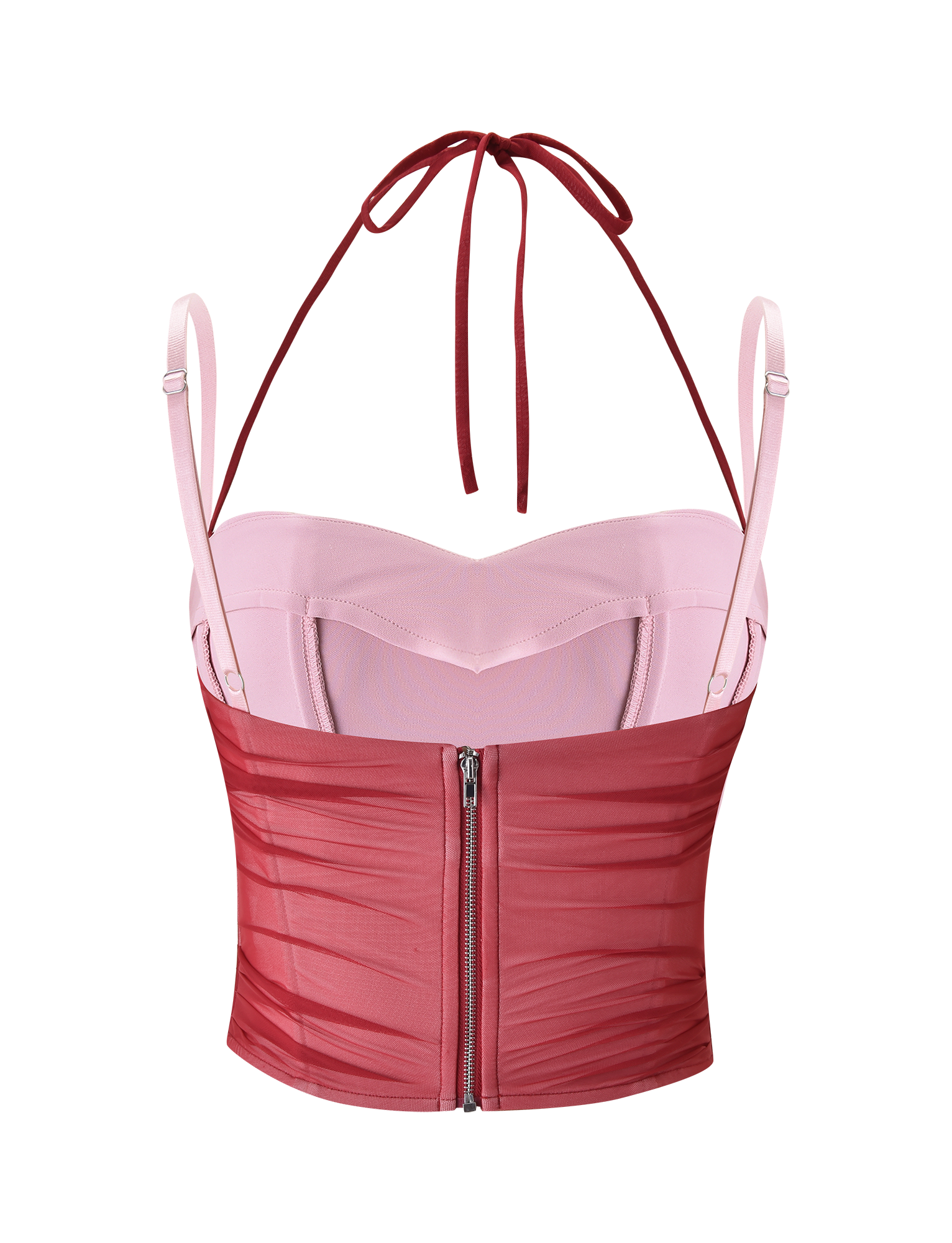 The CALINE RUCHED CORSET by TIGERMIST is a red bustier-style crop top with a sweetheart neckline, adjustable straps, halter neck tie, sheer panels, and a visible back zipper, shown against a white background.