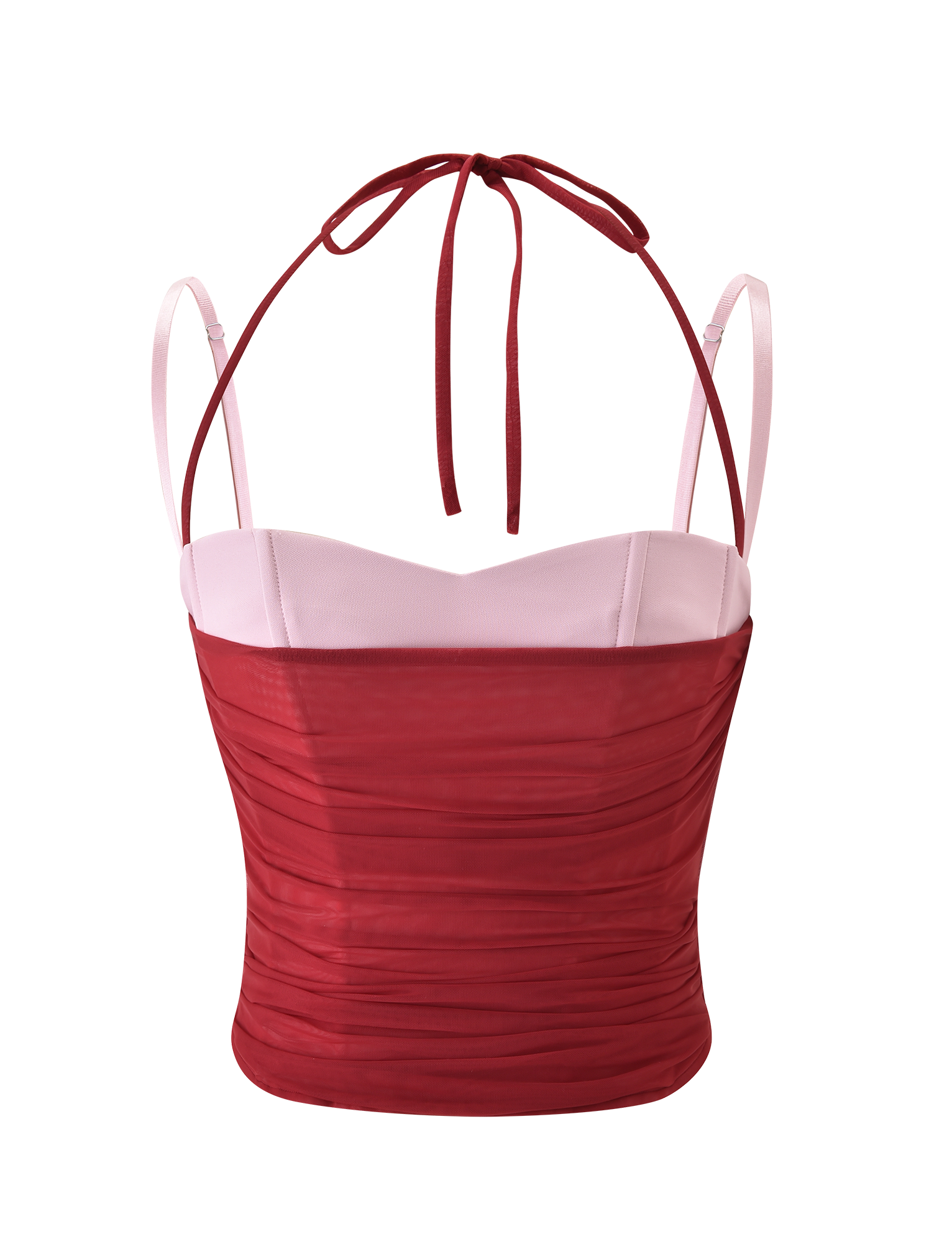 The CALINE RUCHED CORSET by TIGERMIST is a sleeveless red mesh cami with pink cups, thin straps, a halter tie, and a ruched fitted bodice. It features a straight neckline and is shown on a plain white background.