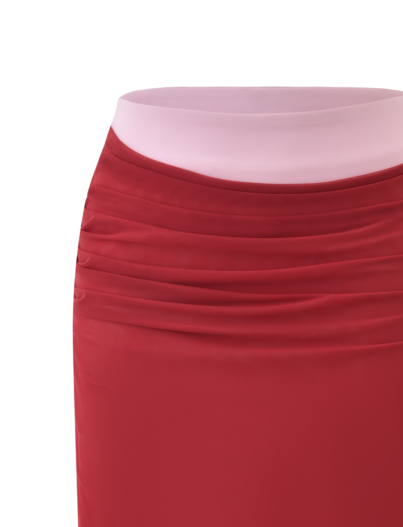 A close-up of the TIGERMIST CALINE MIDI SKIRT in red, showcasing horizontal pleats near the waist, a light pink waistband, and ruching details, set against a white background.