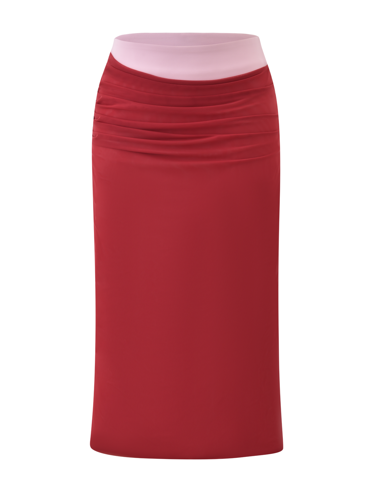 The CALINE MIDI SKIRT - RED by TIGERMIST features a red colour block design with a light pink waistband, subtle ruching at the top, and a smooth, fitted midi silhouette against a plain white background.