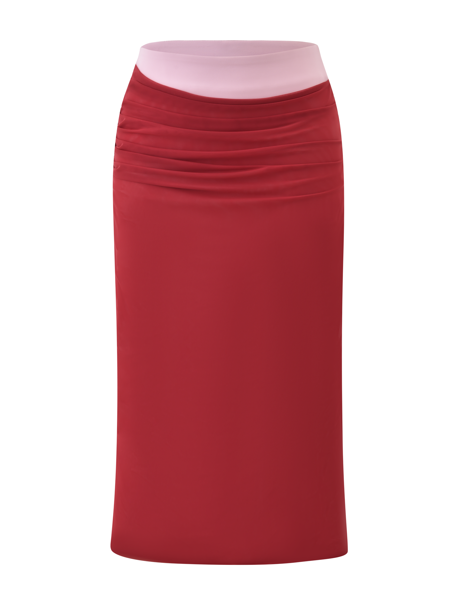 The CALINE MIDI SKIRT - RED by TIGERMIST features a red colour block design with a light pink waistband, subtle ruching at the top, and a smooth, fitted midi silhouette against a plain white background.