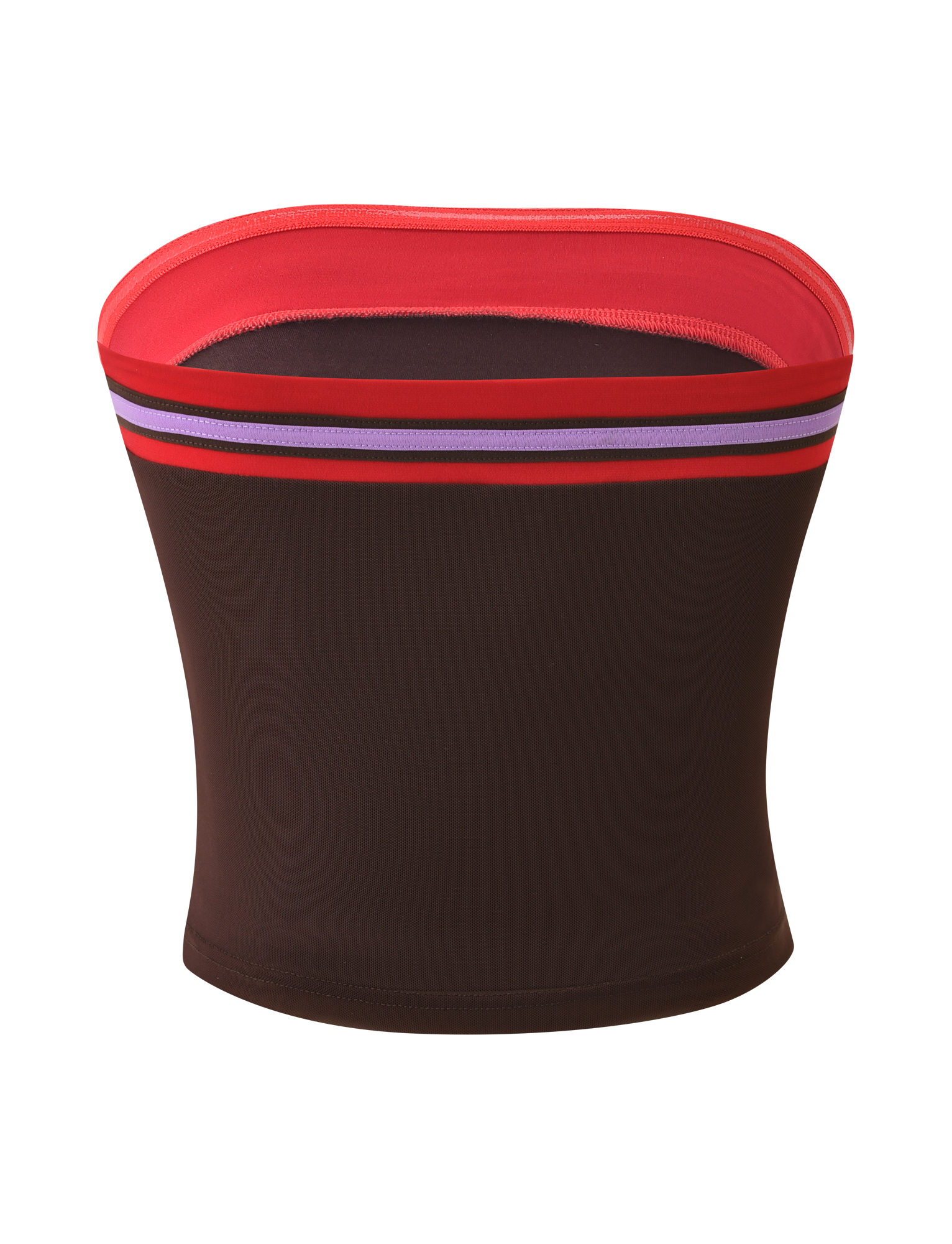 The TIGERMIST SERAH DIAMANTE BOOB TUBE in chocolate features a strapless, fitted design with a red upper trim and horizontal purple and red stripes near the top, shown against a white background.