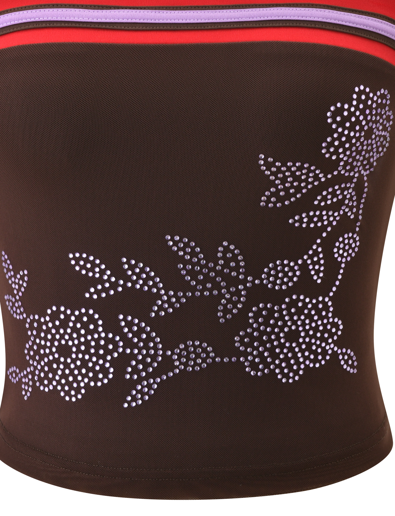 A close-up of TIGERMIST's SERAH DIAMANTE BOOB TUBE - CHOCOLATE shows chocolate brown fabric with white dotted floral patterns and red, purple, and pink stripes—ideal for a chic and stylish mesh look.