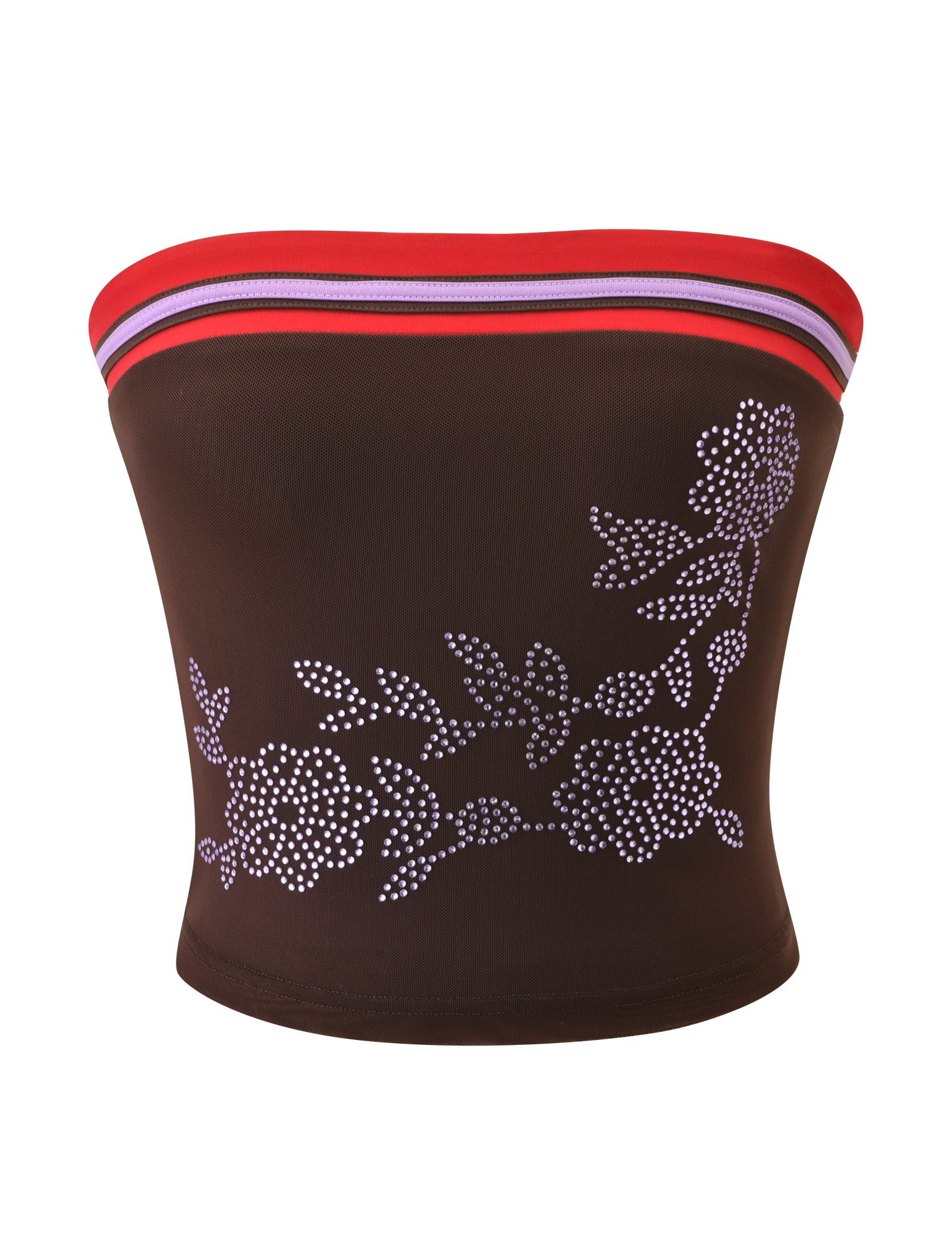 The SERAH DIAMANTE BOOB TUBE - CHOCOLATE by TIGERMIST features a chocolate brown, strapless design with sparkling diamante accents, inspired by classic floral mesh boob tube styles.