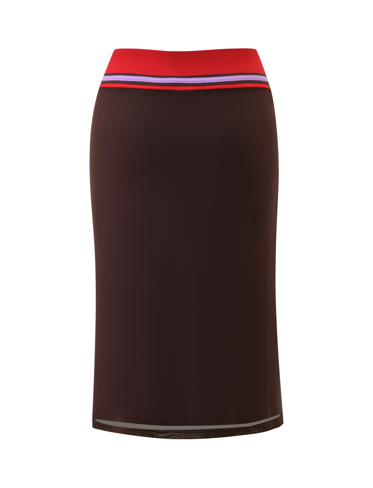 The SERAH DIAMANTE MIDI SKIRT - CHOCOLATE by TIGERMIST is a knee-length, fitted brown skirt with a high waist and a red waistband accented by blue and white stripes, offering a sleek 90’s column silhouette with no visible patterns or embellishments.