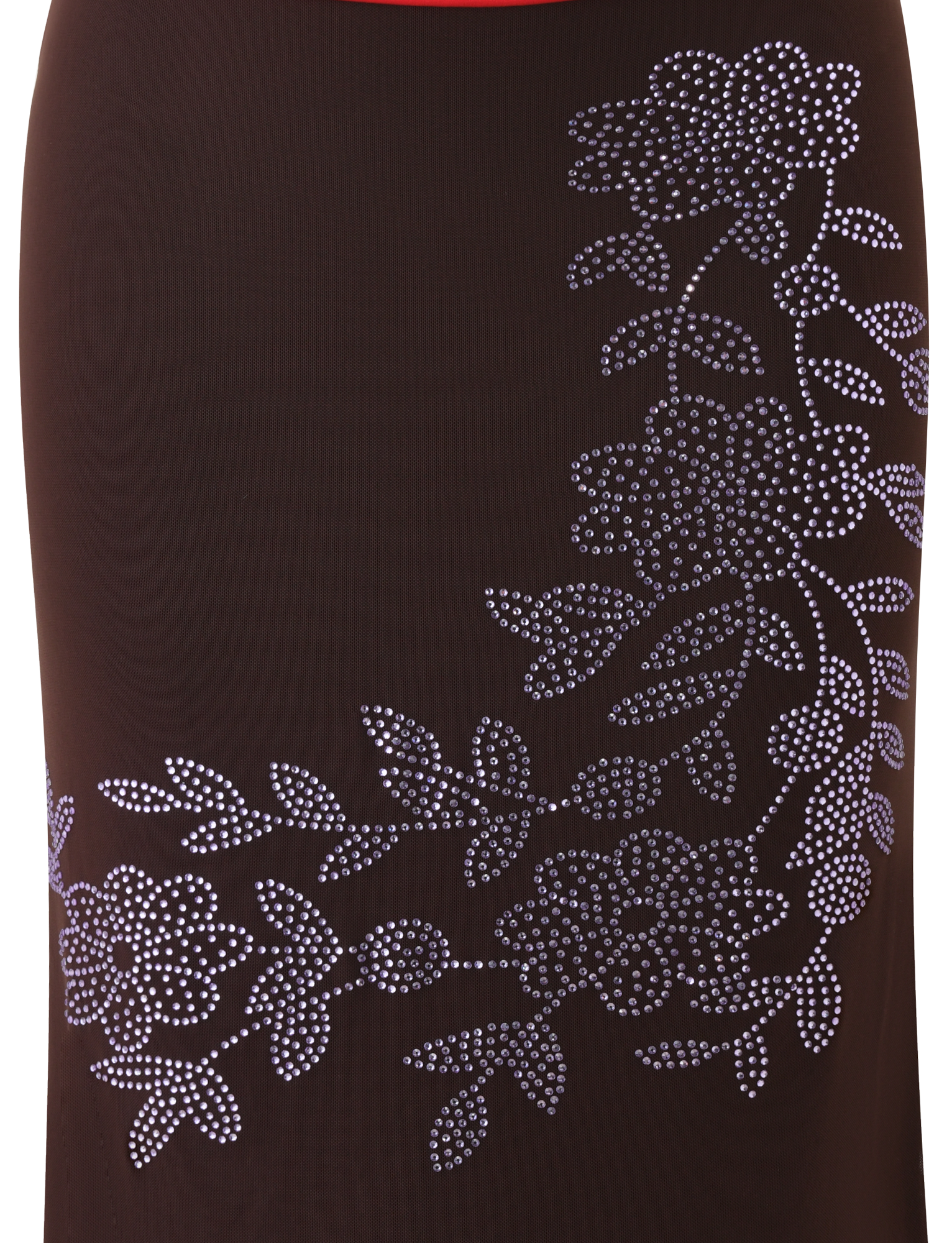 A close-up of the TIGERMIST SERAH DIAMANTE MIDI SKIRT in chocolate highlights its black fabric mesh, adorned with custom floral diamante patterns and clustered white rhinestones, evoking a chic 90's column silhouette.