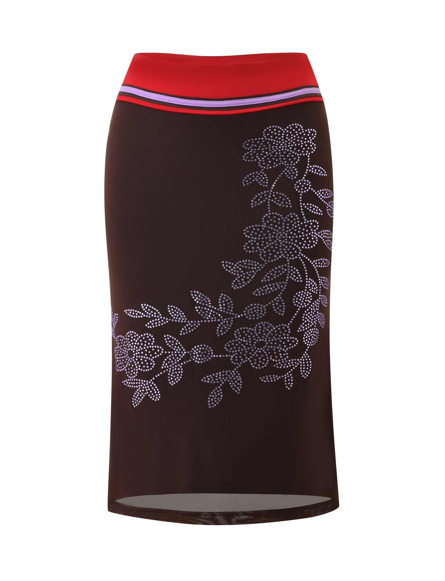 The SERAH DIAMANTE MIDI SKIRT in Chocolate by TIGERMIST is a knee-length, dark brown pencil skirt with a red waistband, blue, white, and red stripes, plus light purple floral designs on one side for a sleek 90's column silhouette.