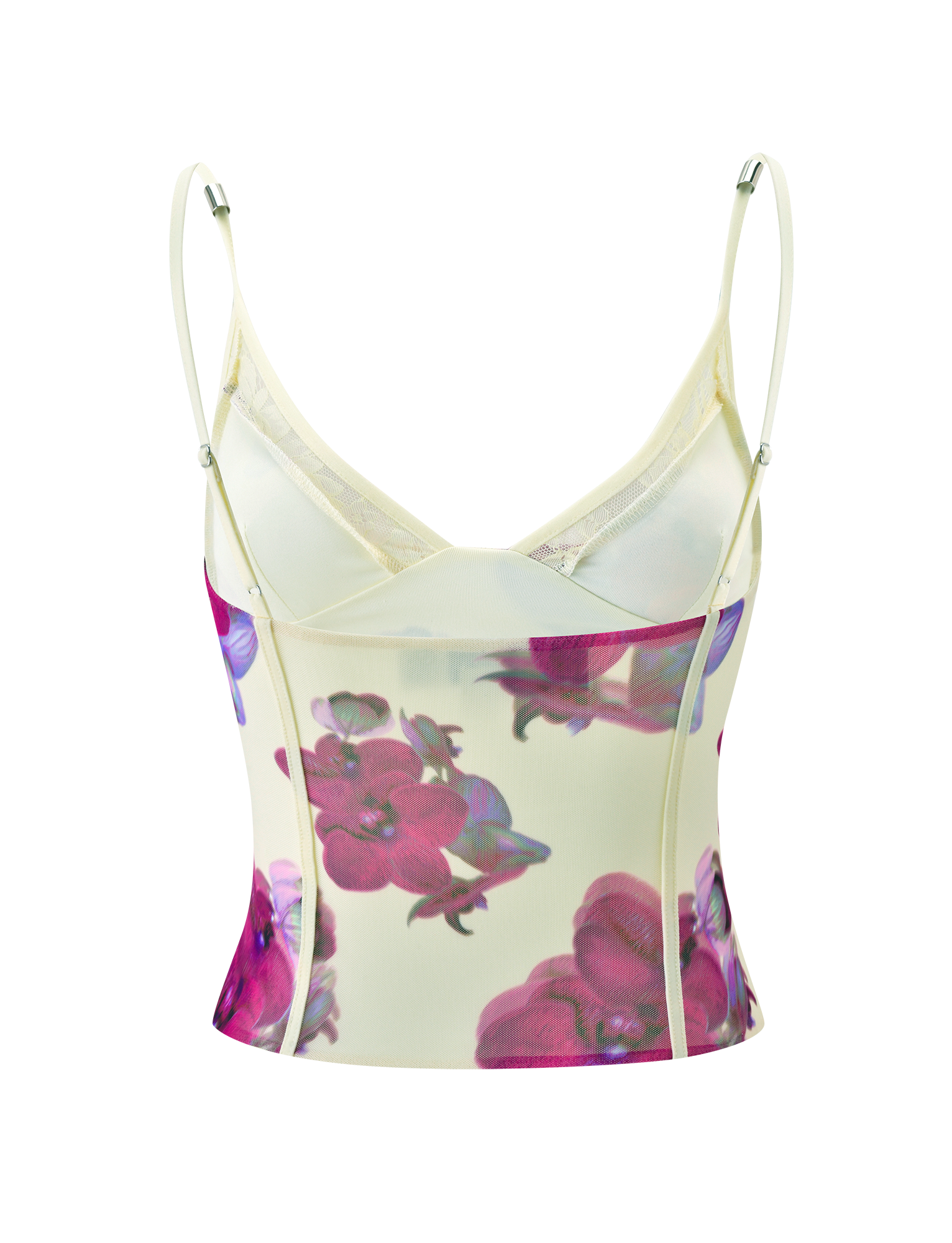 The TIGERMIST LILIAH PANEL CAMI TOP - ORCHID HAZE is a fitted, sleeveless mesh cami with thin adjustable straps, sheer cream fabric, pink orchid print, corseted princess seams, and a slightly flared hem.