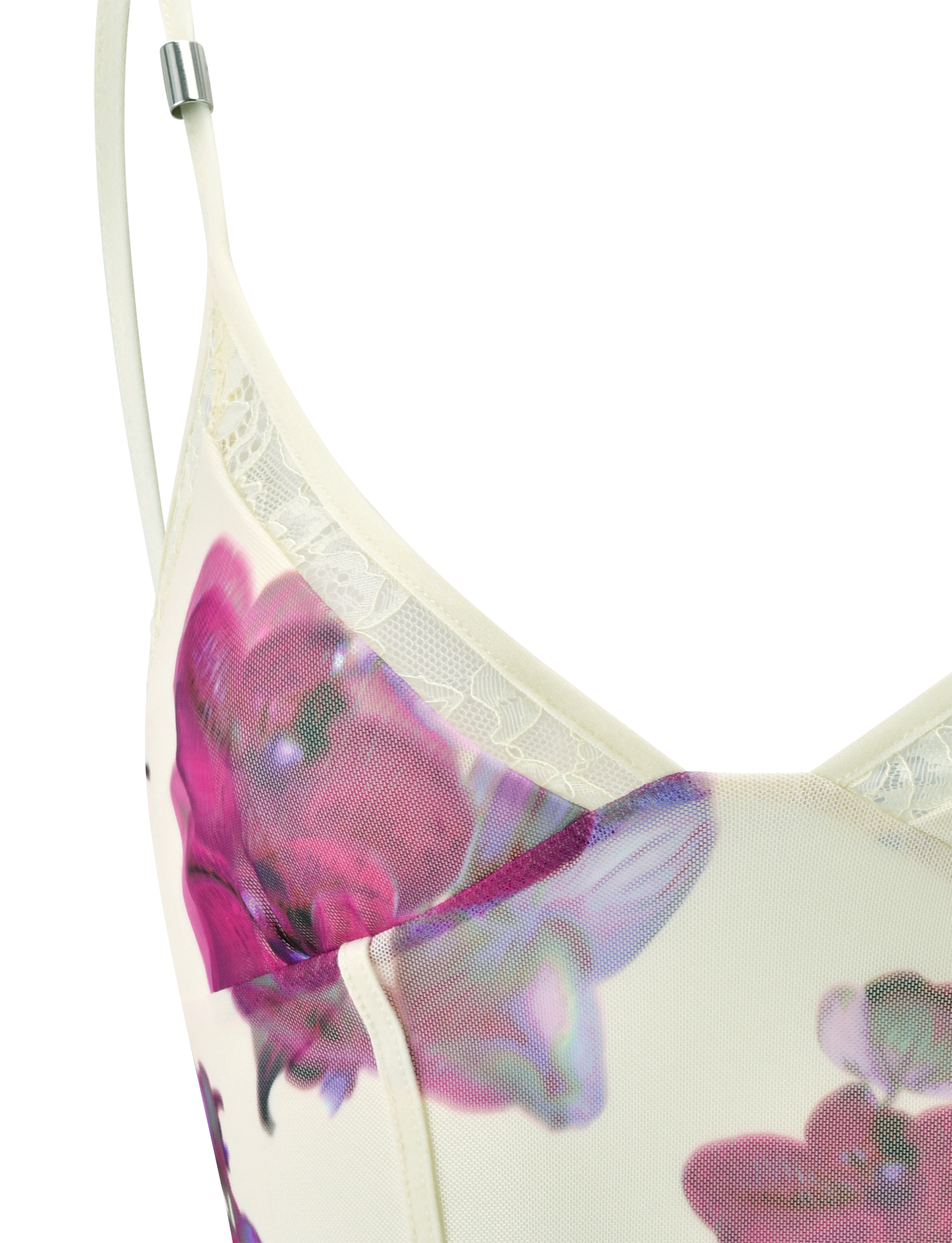 Close-up of the TIGERMIST LILIAH PANEL CAMI TOP in Orchid Haze—cream floral mesh with thin straps, lace-trimmed neckline, purple and pink orchid print, and subtle corseted princess seams. Shown on a plain white background.