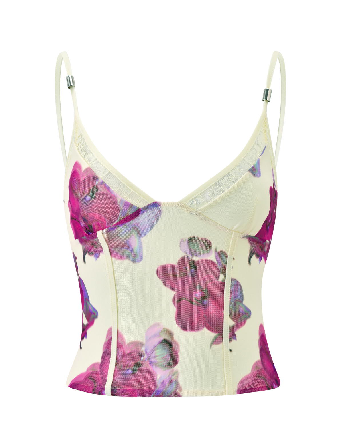 The TIGERMIST LILIAH PANEL CAMI TOP in Orchid Haze is a cream, sleeveless mesh top with thin adjustable straps, vibrant pink and purple orchid print, and white lace trim on the corseted neckline.