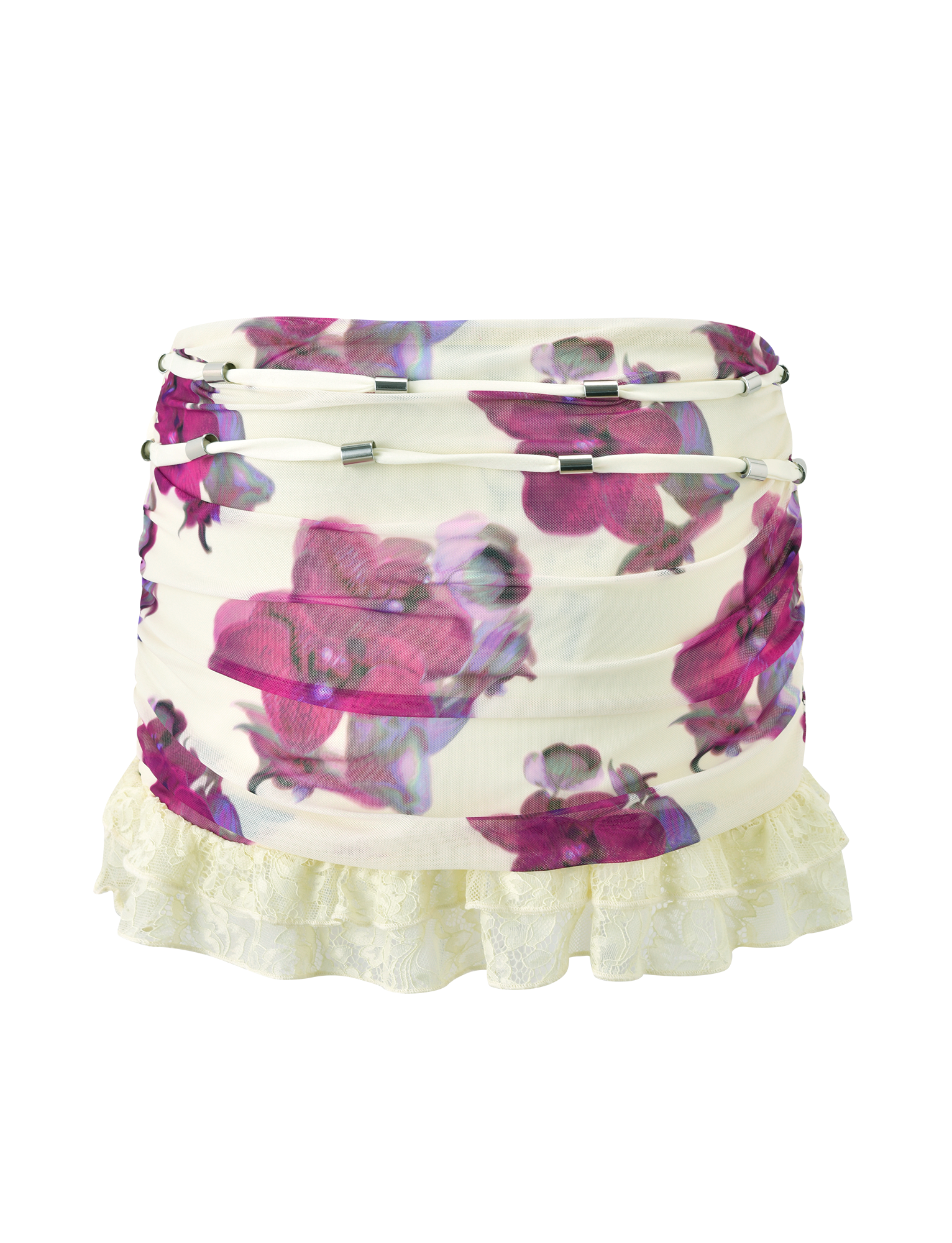 The LILIAH MINI SKIRT - ORCHID HAZE by TIGERMIST features a white ruched design with purple and pink orchid print, silver drawstring accents, and a cream lace ruffle hem.