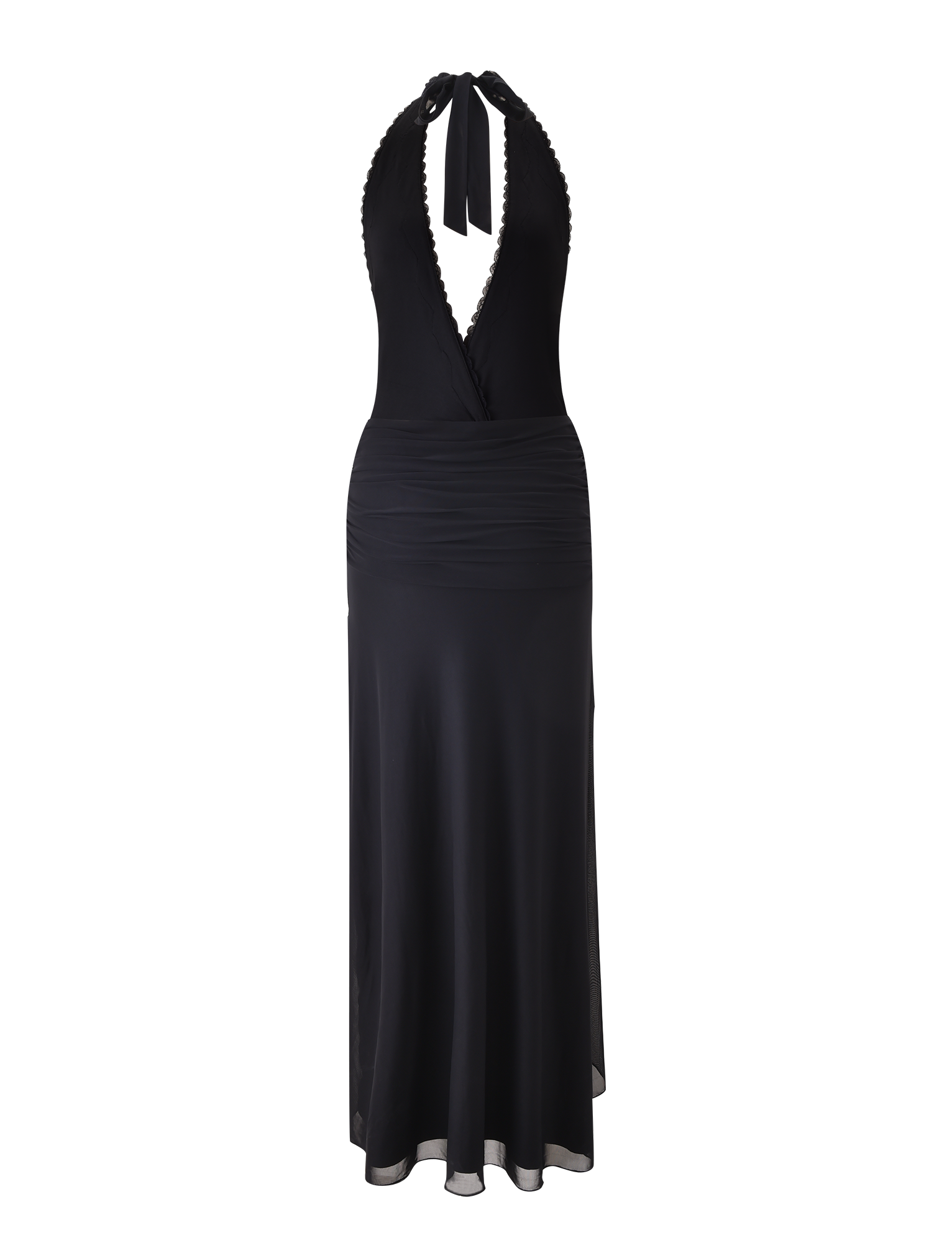 The CORELLE DRESS - BLACK by TIGERMIST is a long, sleeveless maxi dress with a plunge V-neckline, ruched waist, and halter neck tie, shown on a plain white background.