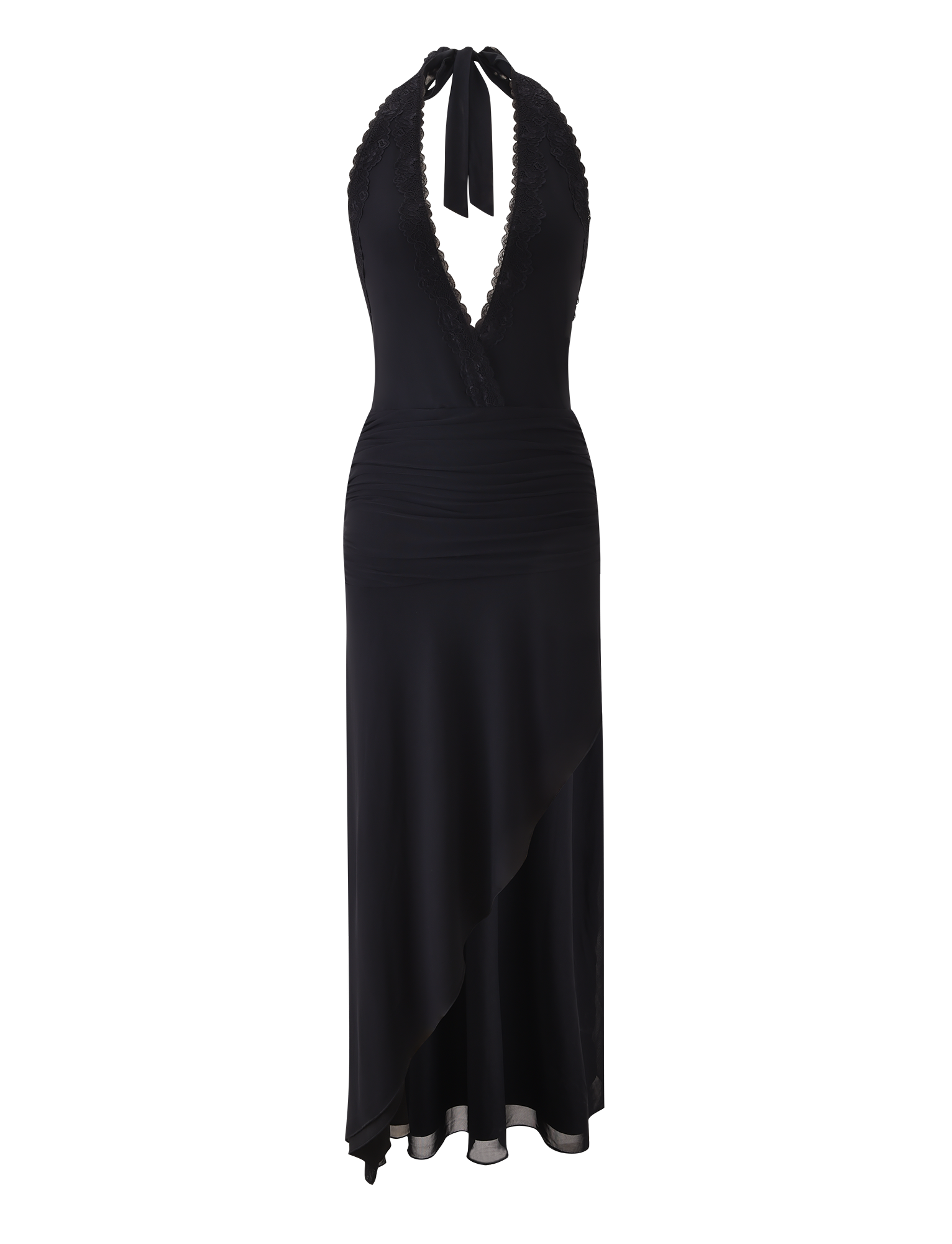 The CORELLE DRESS - BLACK by TIGERMIST is a sleeveless, halter-neck maxi with a deep V-neckline, textured trim, ruched waist detailing, and an asymmetrical hemline.