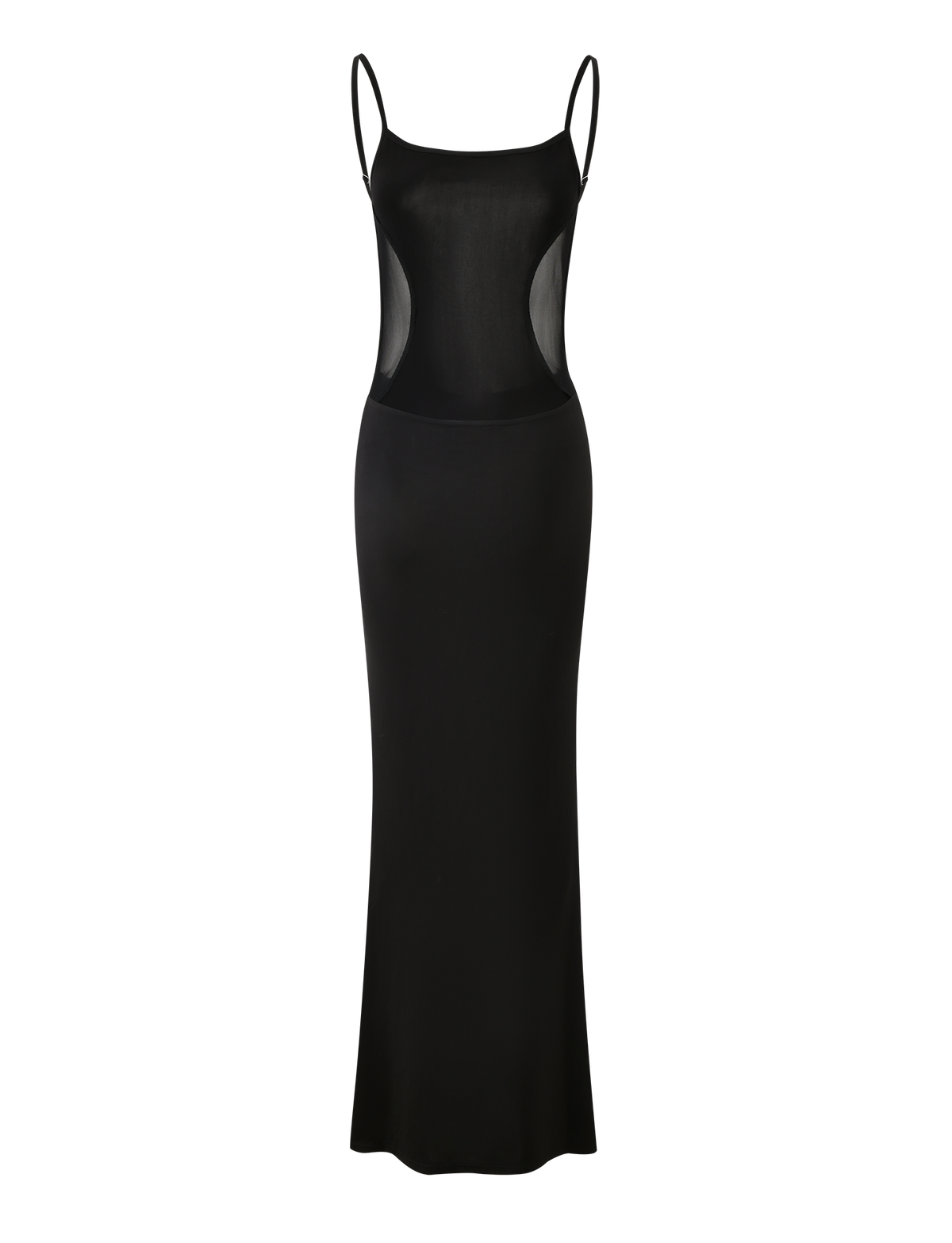 The XINIA MAXI DRESS by TIGERMIST is a black mesh dress with adjustable straps and sheer waist panels, offering a fitted, elegant look. Its minimalist design includes a slightly flared hem for graceful movement.