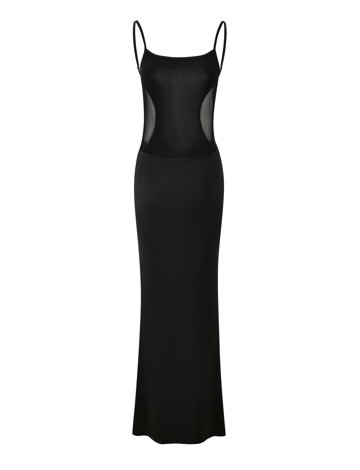 The XINIA MAXI DRESS by TIGERMIST is a black mesh dress with adjustable straps and sheer waist panels, offering a fitted, elegant look. Its minimalist design includes a slightly flared hem for graceful movement.