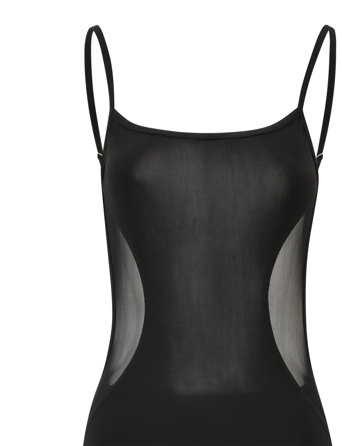A black XINIA MAXI DRESS by TIGERMIST featuring sheer-panel details and adjustable shoulder straps, displayed against a plain white background.