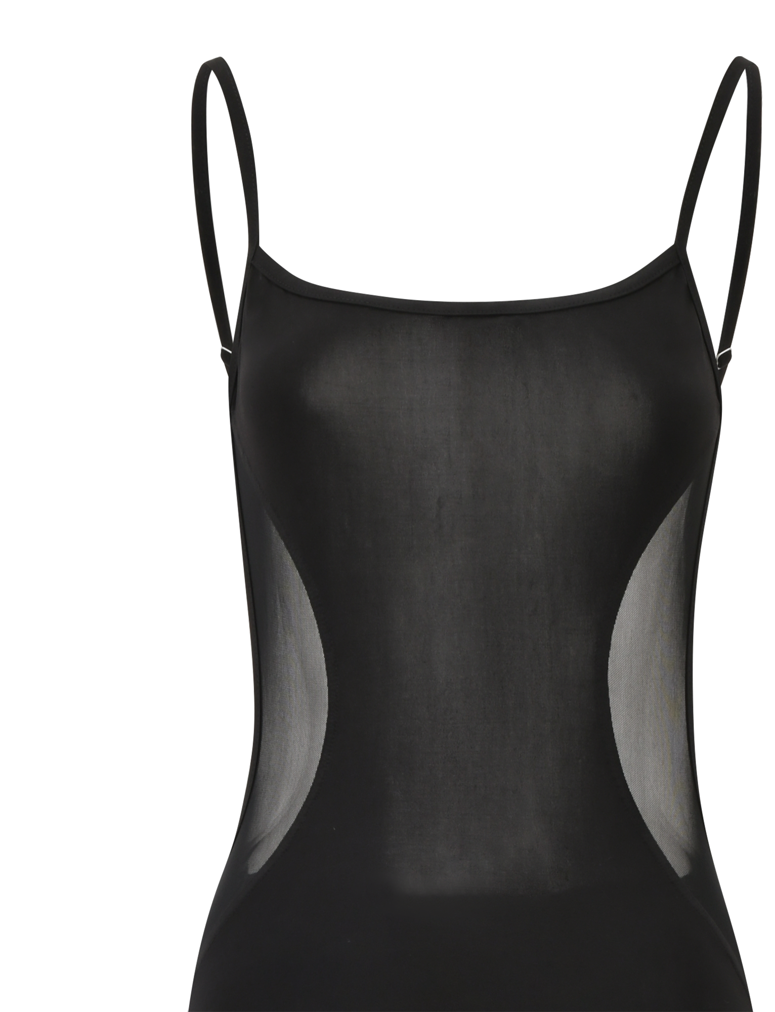 A black XINIA MAXI DRESS by TIGERMIST featuring sheer-panel details and adjustable shoulder straps, displayed against a plain white background.