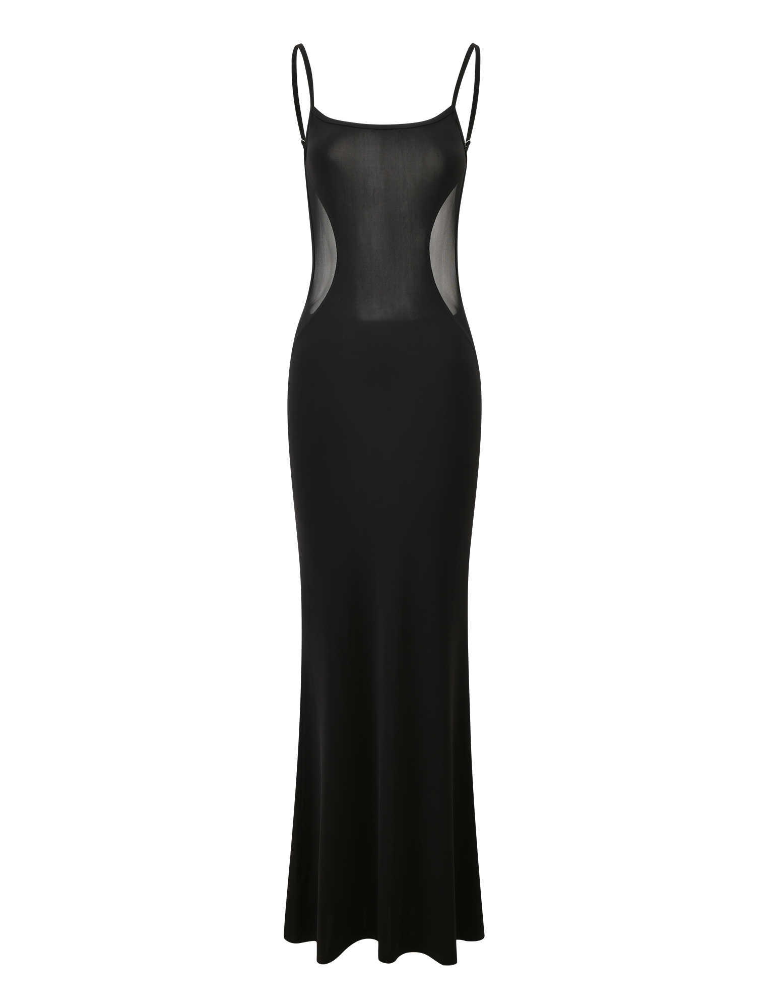 The TIGERMIST XINIA MAXI DRESS in black is a sleeveless mesh maxi dress featuring adjustable shoulder straps and sheer side panels, shown against a plain white background.