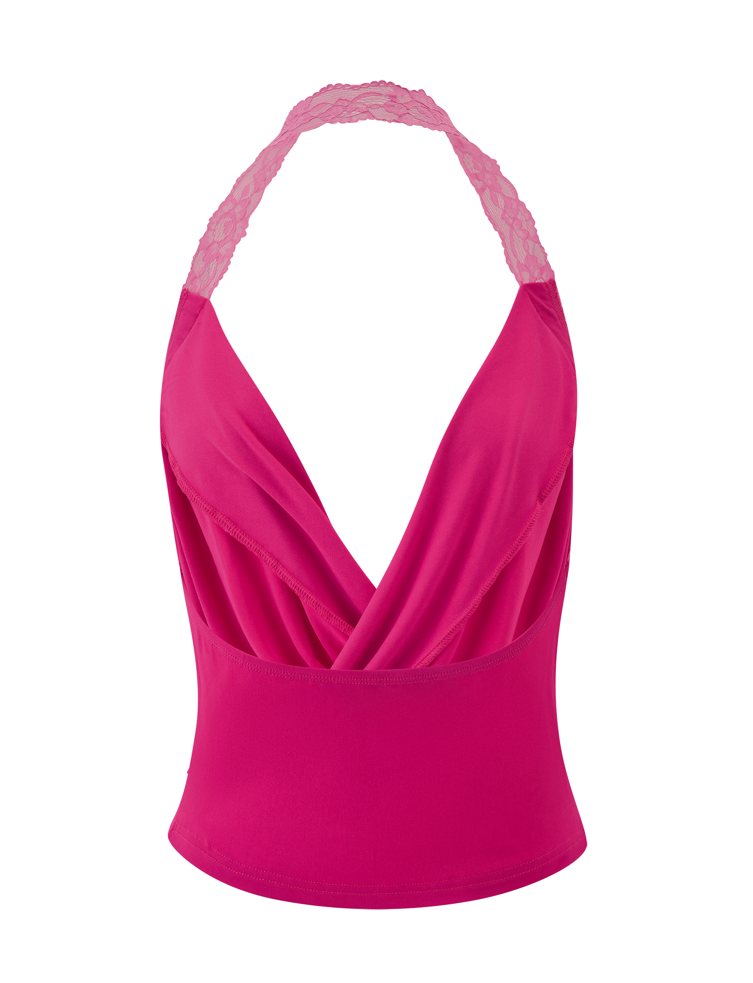 The PERSI TOP - MAGENTA by TIGERMIST features a magenta pink cowl neck, bright halter and deep V-neck, lace-detailed straps, fitted waist, draped front, shown on a plain white background.