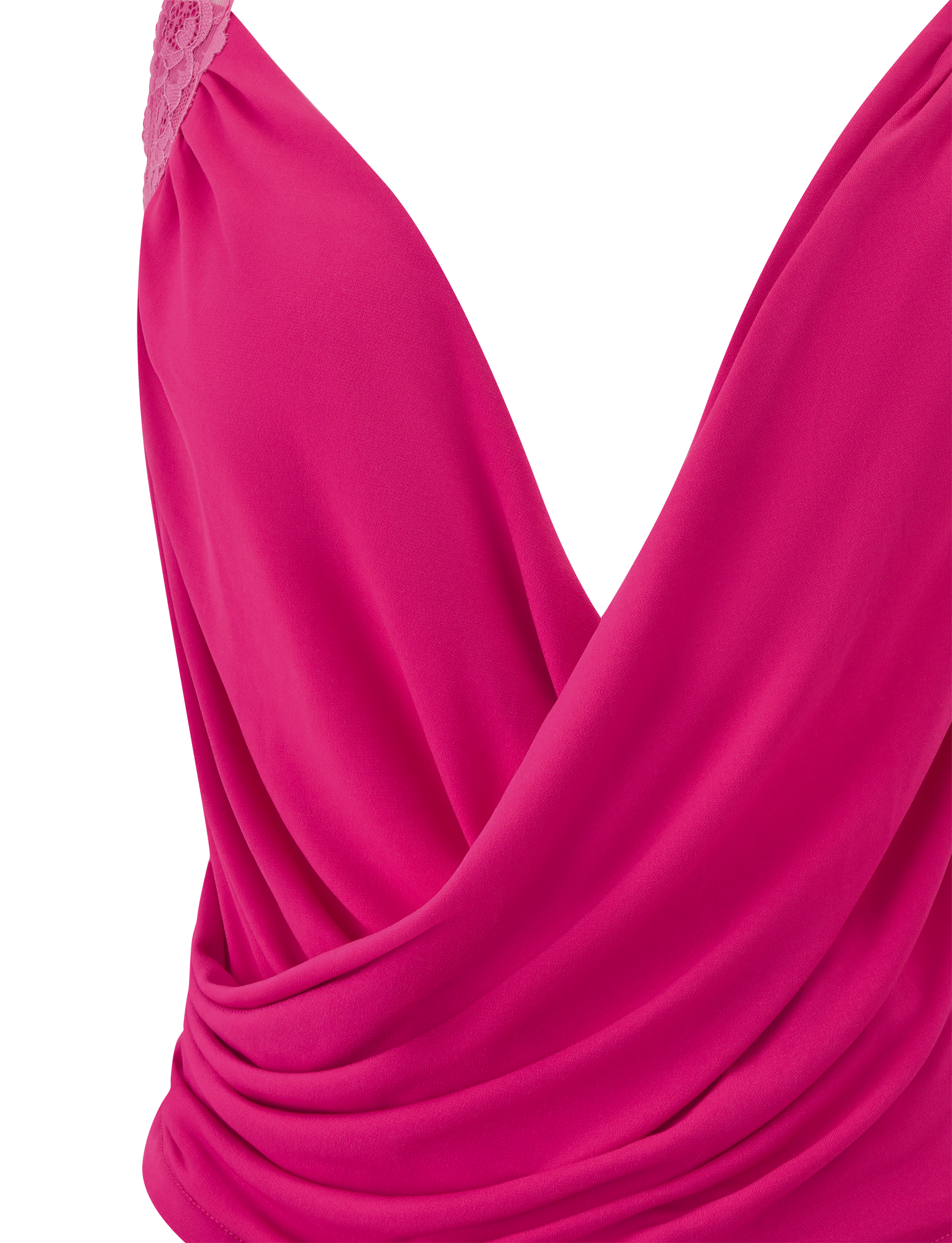 Close-up of the TIGERMIST PERSI TOP in magenta, featuring a draped cowl neckline, deep V-neck, pleated details, and lace trim on one shoulder.