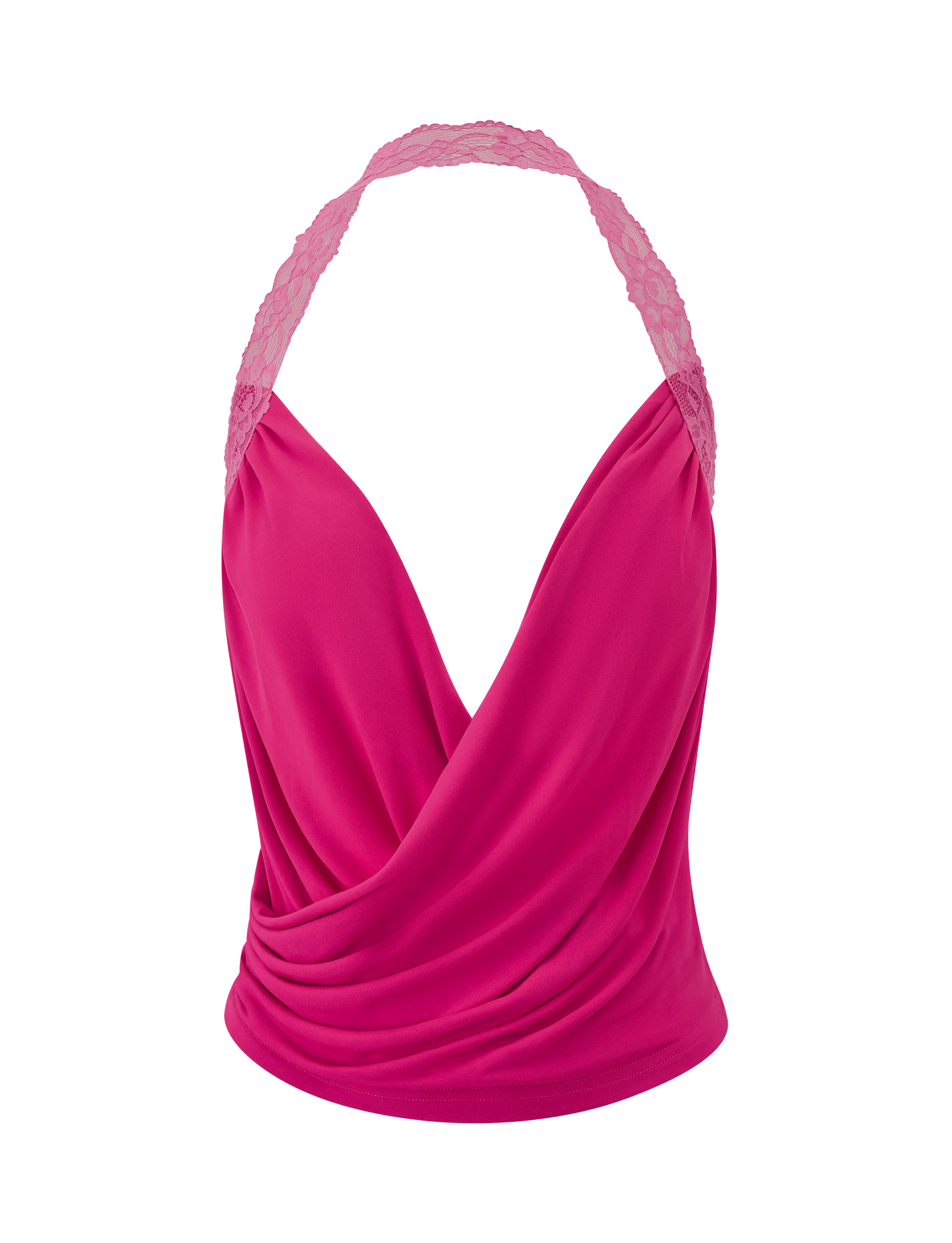 The TIGERMIST PERSI TOP in magenta features a halter neck, cowl-draped plunging neckline, and lace straps, shown against a plain white background.