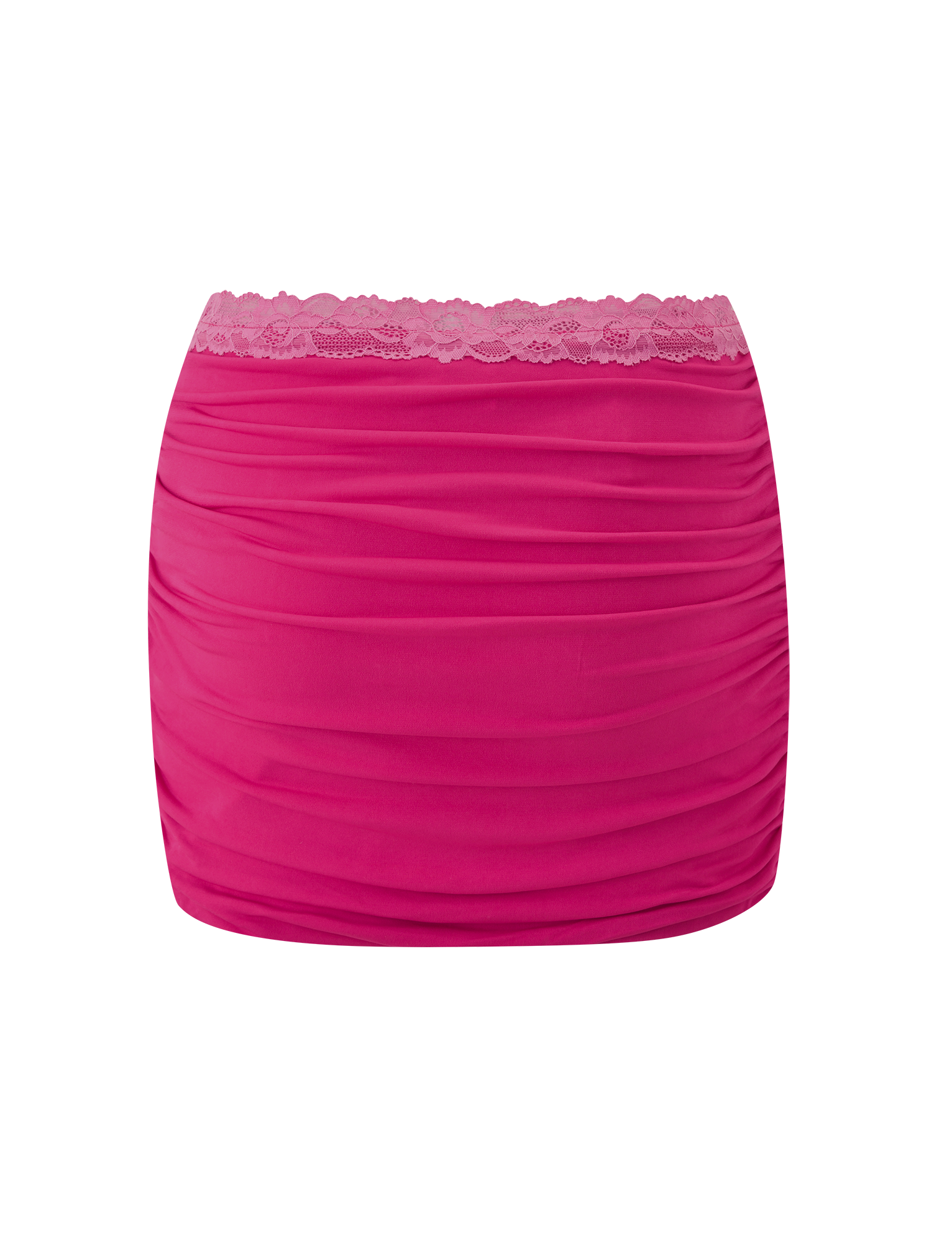 The TIGERMIST PERSI MINI SKIRT in magenta features a bodycon fit, ruched detailing, and a scalloped lace waistband trim, shown against a plain white background.