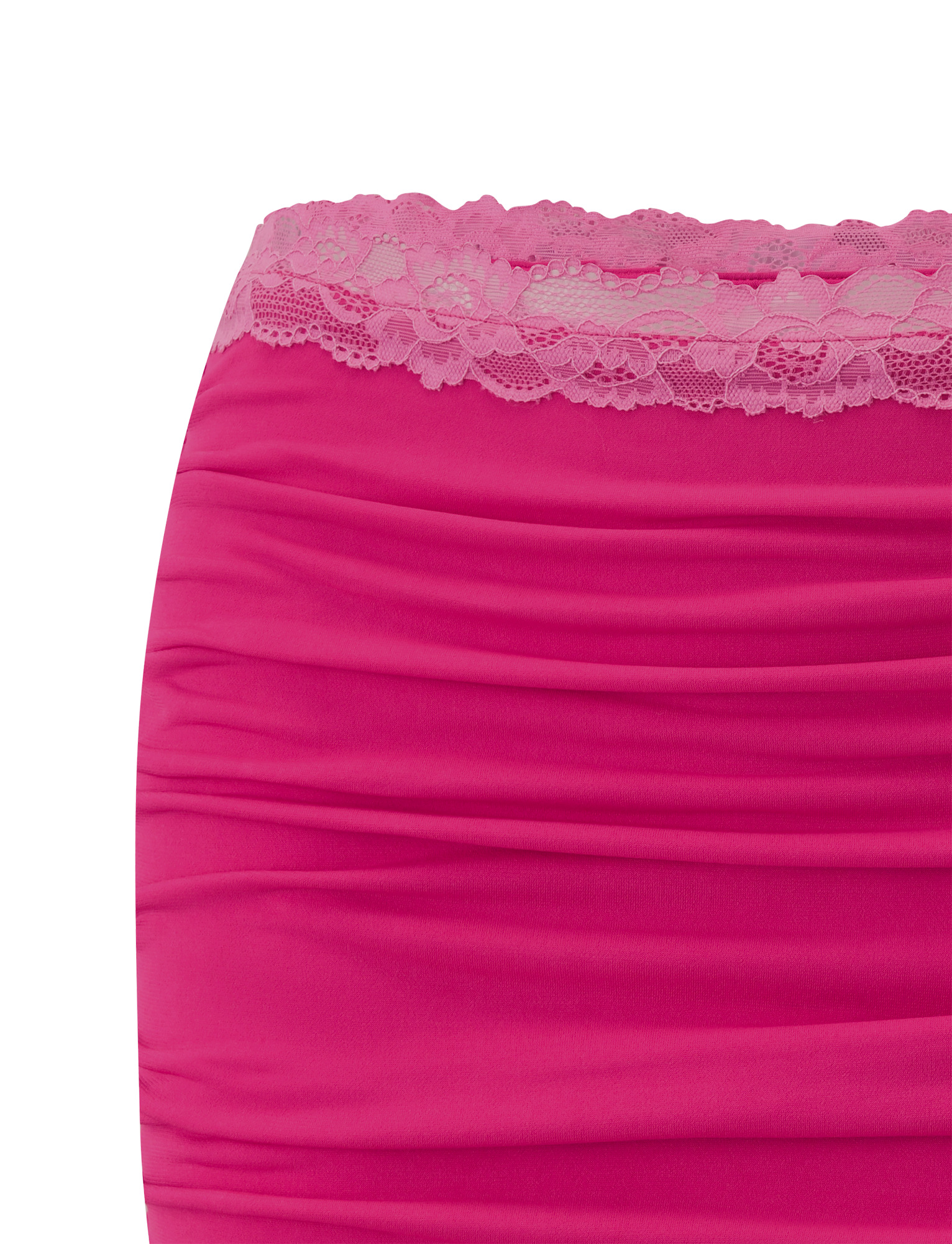Close-up of the TIGERMIST PERSI MINI SKIRT in magenta, a ruched bodycon style with delicate lace trim at the waistband, shown against a white background.