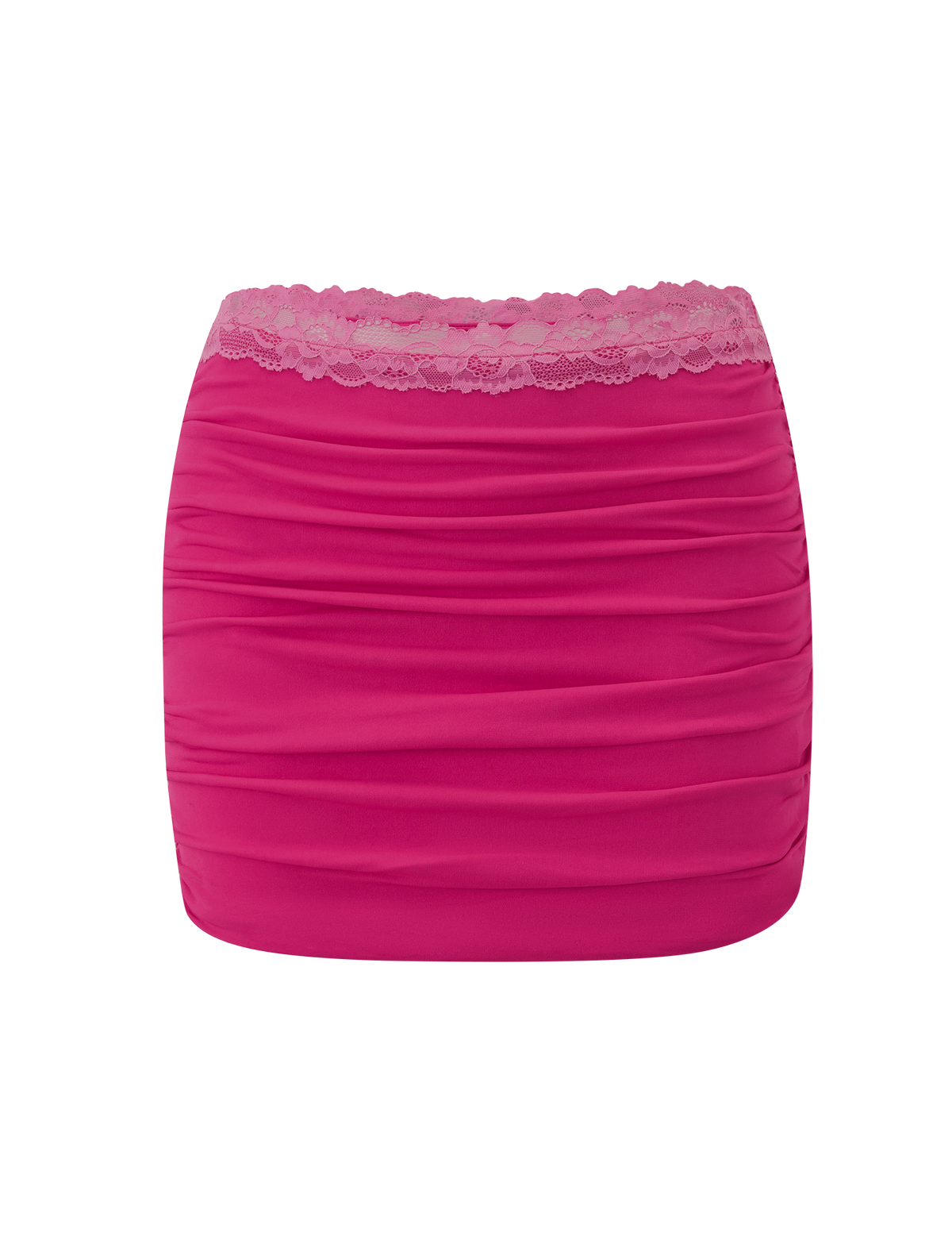 The PERSI MINI SKIRT - MAGENTA by TIGERMIST features a bright magenta pink bodycon fit with ruched detailing and a wide lace waistband, shown on a plain white background.