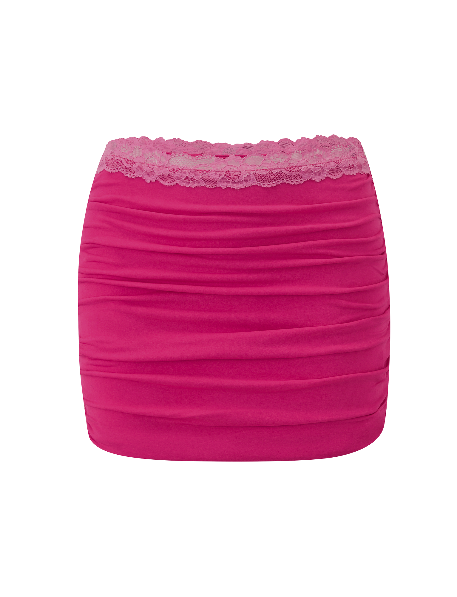 The PERSI MINI SKIRT - MAGENTA by TIGERMIST features a bright magenta pink bodycon fit with ruched detailing and a wide lace waistband, shown on a plain white background.