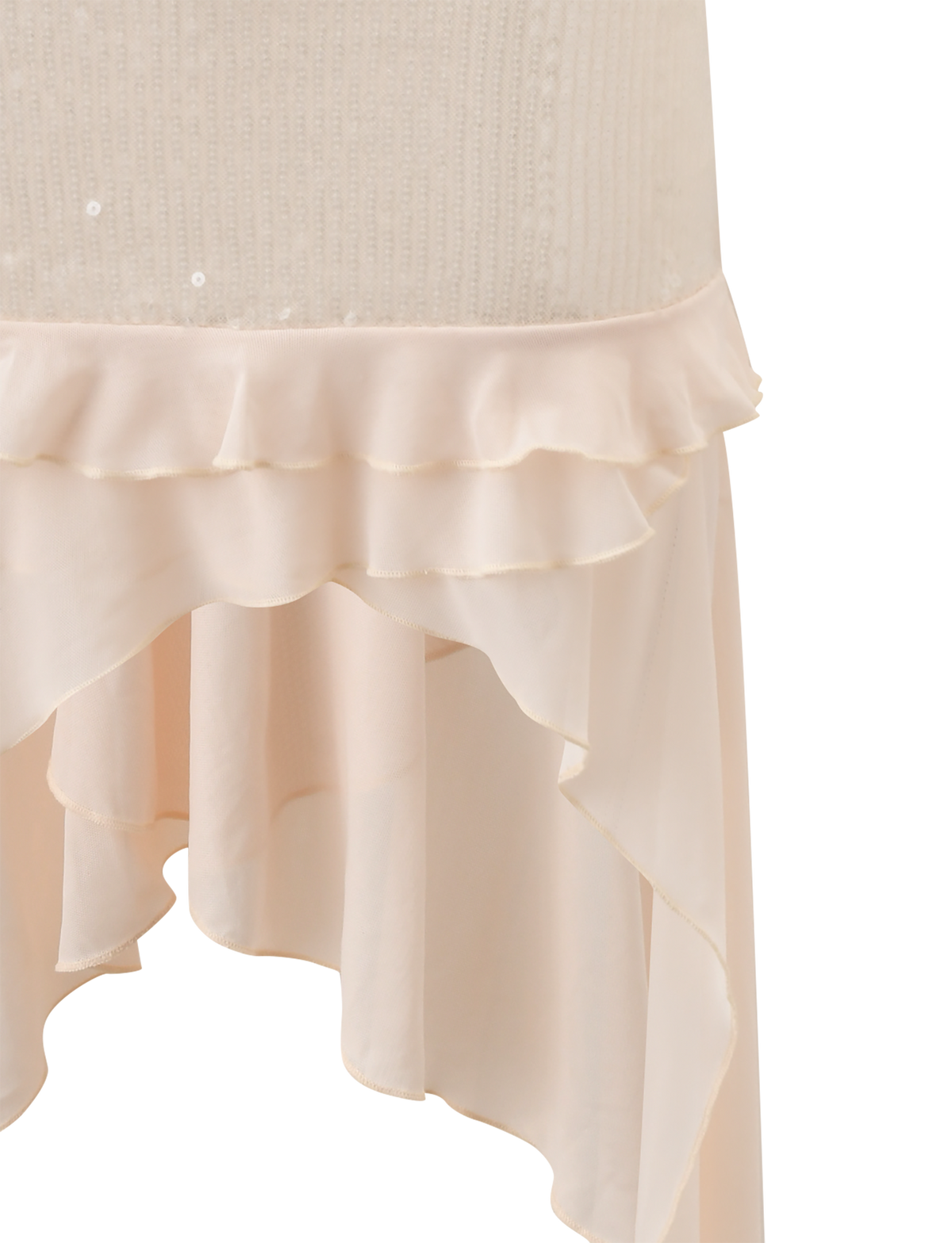 Close-up of the TIGERMIST WILLAH DRESS in cream, showcasing an asymmetrical ruffled hem and sheer, layered fabric details.