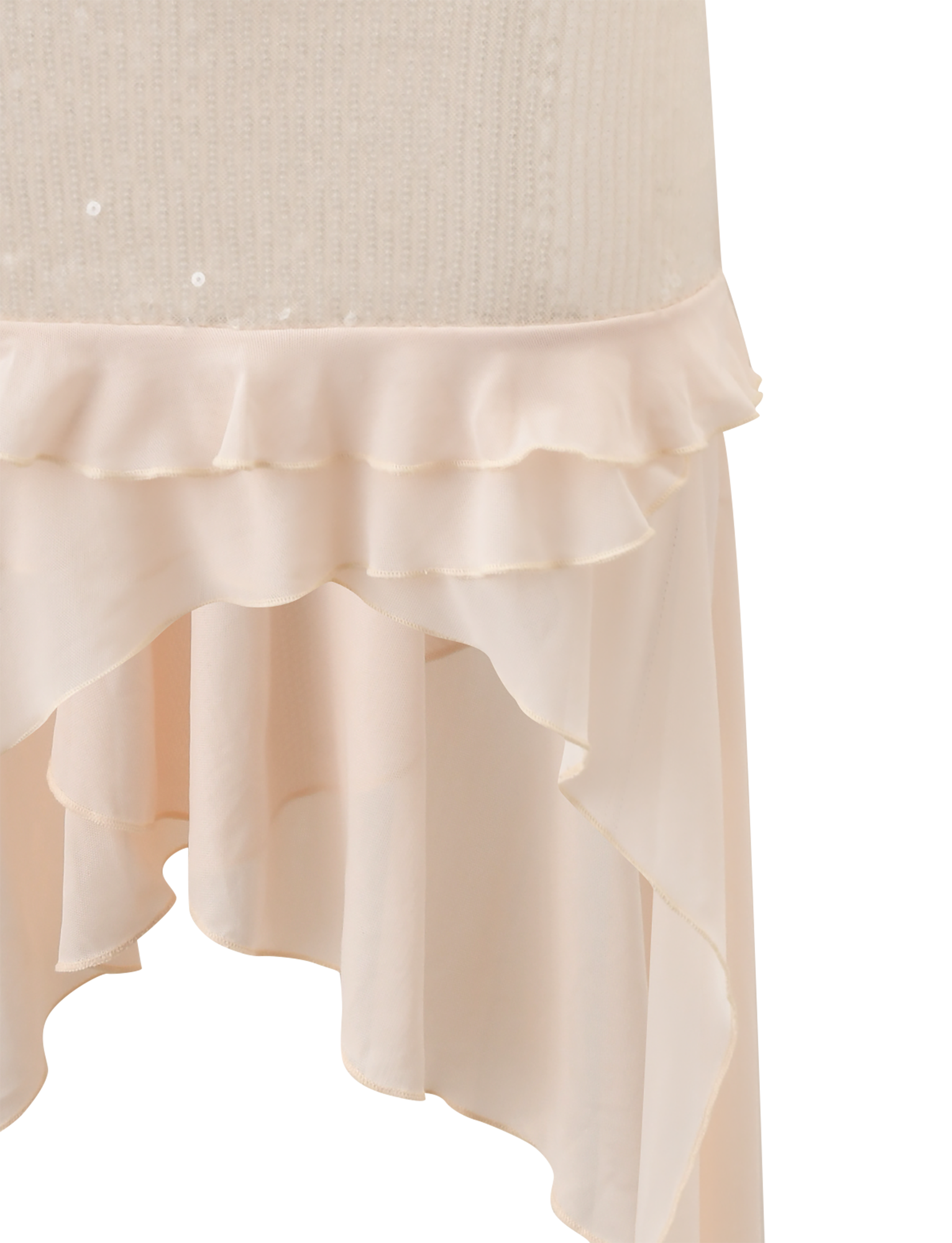 Close-up of the TIGERMIST WILLAH DRESS in cream, showcasing an asymmetrical ruffled hem and sheer, layered fabric details.