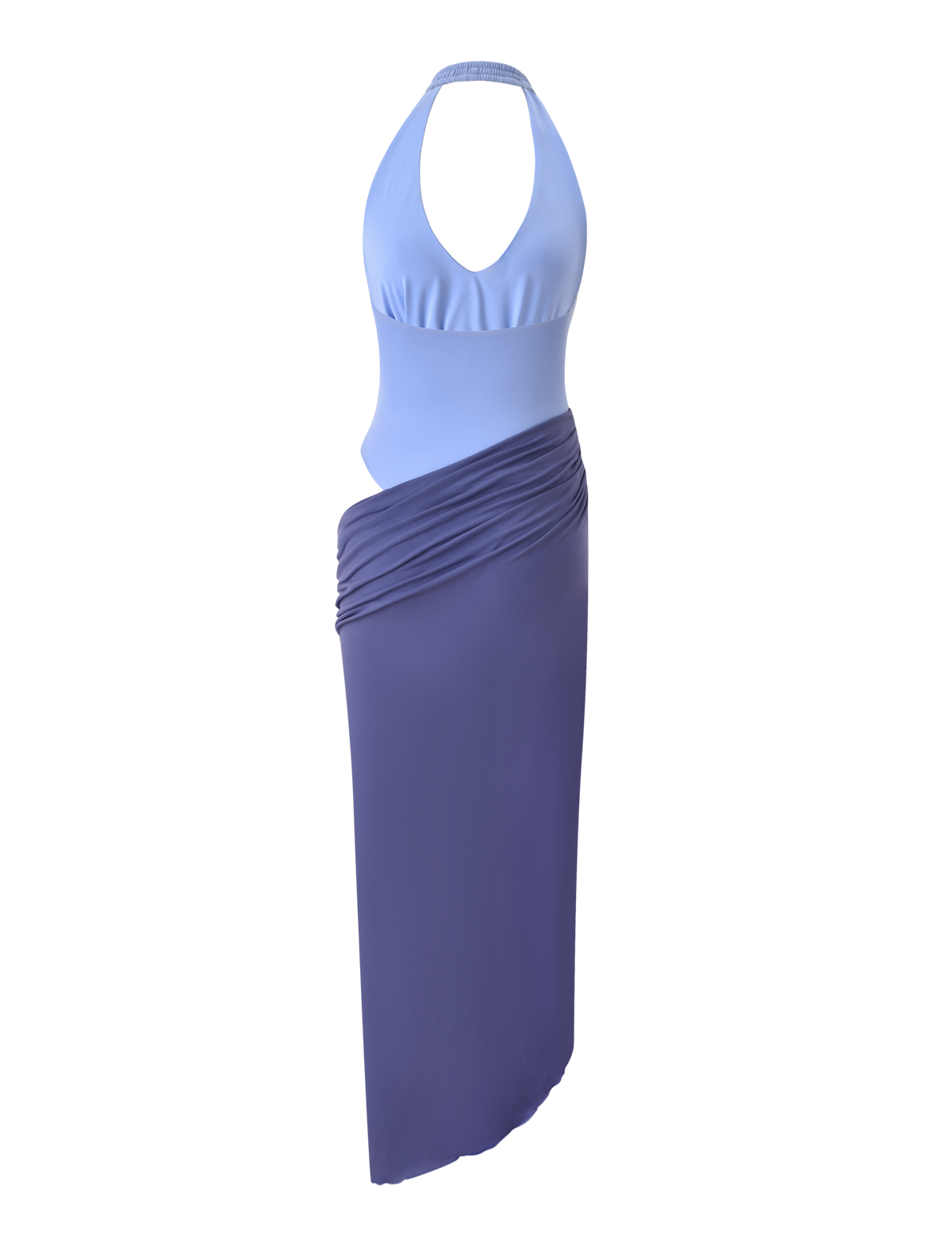 The TIGERMIST TYANA MAXI DRESS - CORNFLOWER is a sleeveless blue maxi dress with a halter neck, fitted light blue top, and draped dark blue ankle-length skirt, shown on a plain white background.
