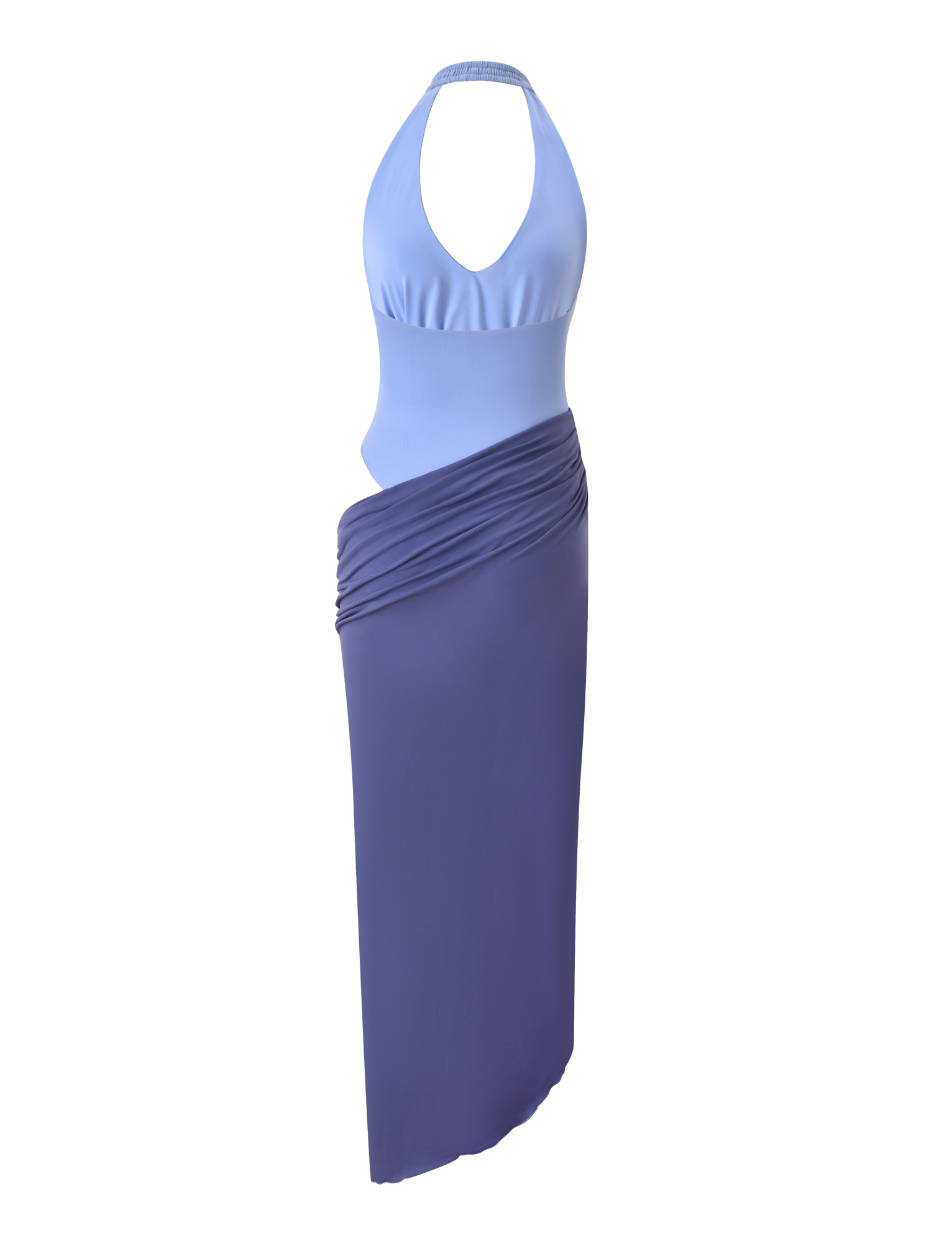 The TIGERMIST TYANA MAXI DRESS - CORNFLOWER is a sleeveless blue maxi dress with a halter neck, fitted light blue top, and draped dark blue ankle-length skirt, shown on a plain white background.