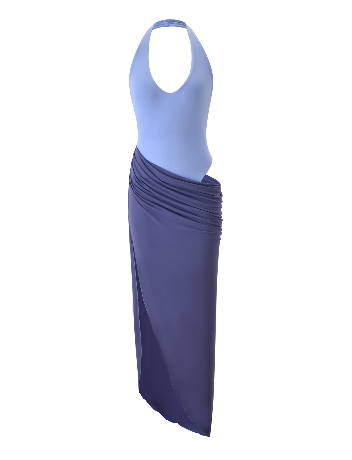 The TYANA MAXI DRESS in cornflower by TIGERMIST is displayed on a white background, featuring a sleeveless halter design with a plunging neckline and an asymmetrical high-waisted wrap skirt.
