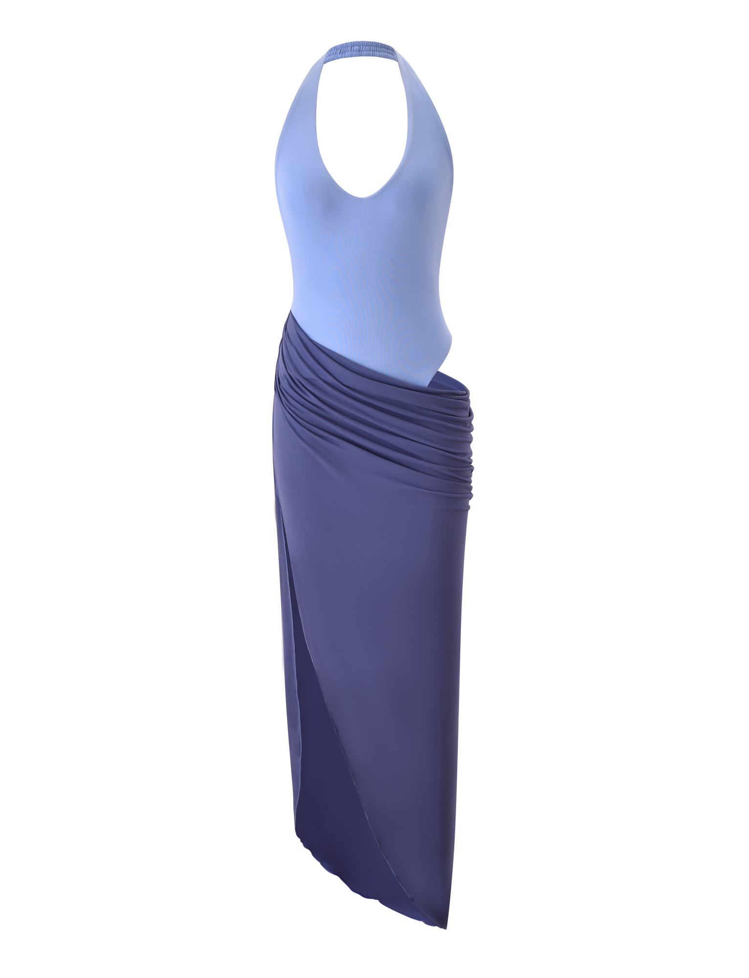The TYANA MAXI DRESS in cornflower by TIGERMIST is displayed on a white background, featuring a sleeveless halter design with a plunging neckline and an asymmetrical high-waisted wrap skirt.