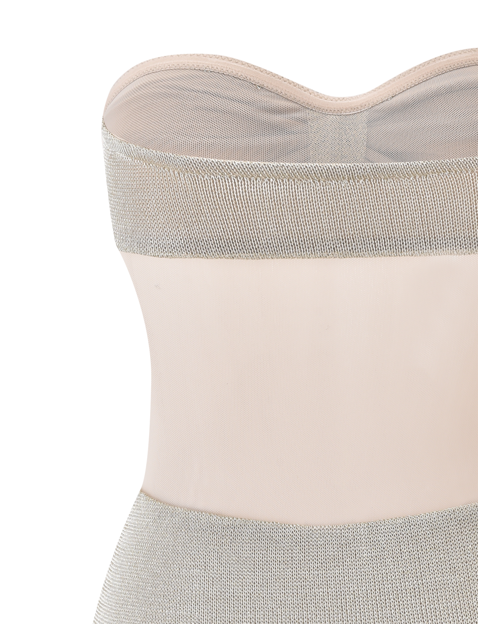 Close-up of the TIGERMIST ESTE MINI DRESS in champagne, showing its strapless sweetheart neckline with a semi-sheer mesh panel and metallic knit mini dress fabric for an elegant, modern look.