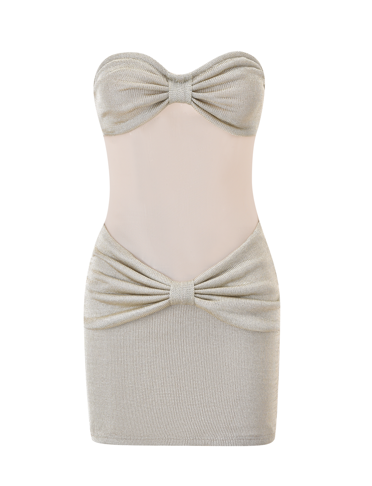 The ESTE MINI DRESS - CHAMPAGNE by TIGERMIST features a strapless sweetheart neckline, metallic knit fabric, sheer nude mesh midsection, and gathered bust and hip details for a stylish cut-out look.