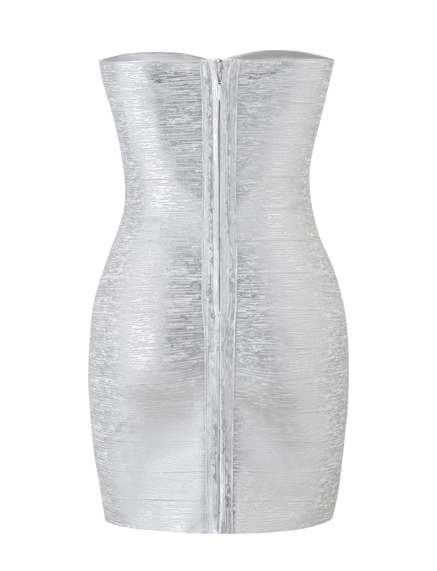 The NIYA METALLIC BANDAGE DRESS by TIGERMIST features a liquid silver finish, strapless sweetheart neckline, bodycon bandage fit, textured detail, and a central back zipper.