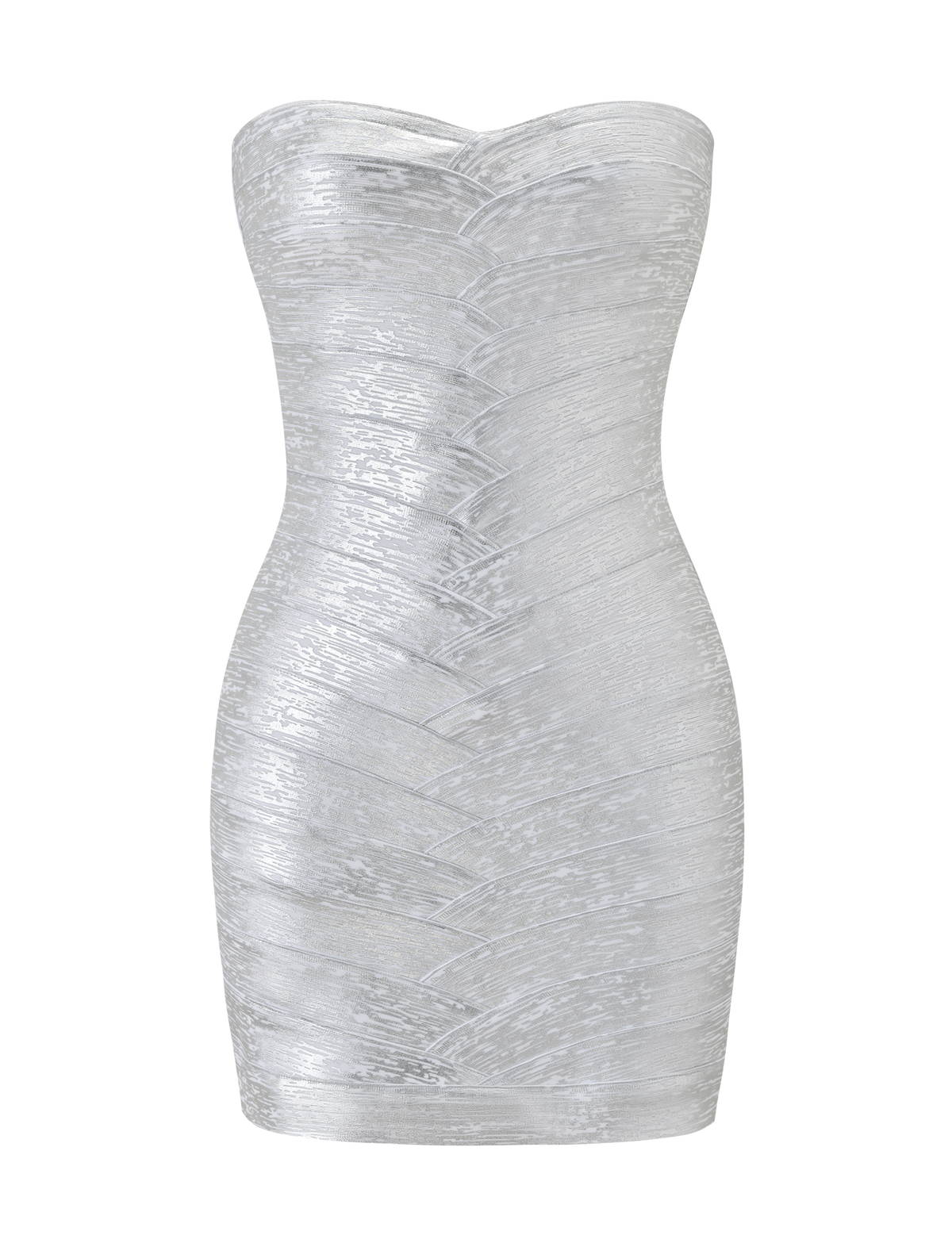 The TIGERMIST NIYA METALLIC BANDAGE MINI DRESS in Liquid Silver is a strapless, bodycon mini dress with a sweetheart neckline and a textured crisscross pattern, shown against a plain white background.