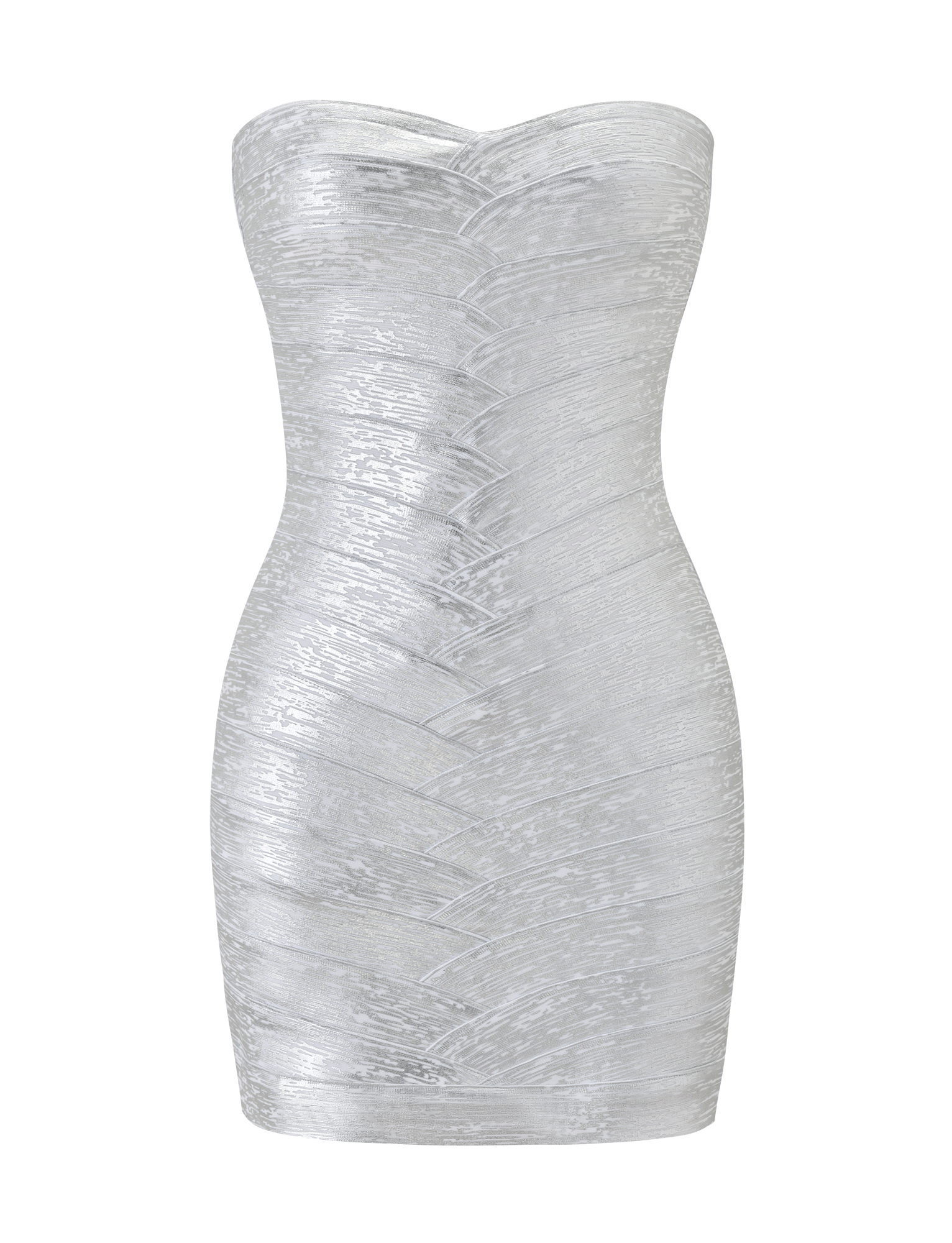 The TIGERMIST NIYA METALLIC BANDAGE DRESS in Liquid Silver is a strapless mini dress featuring a fitted, bodycon silhouette and textured crisscross pattern.