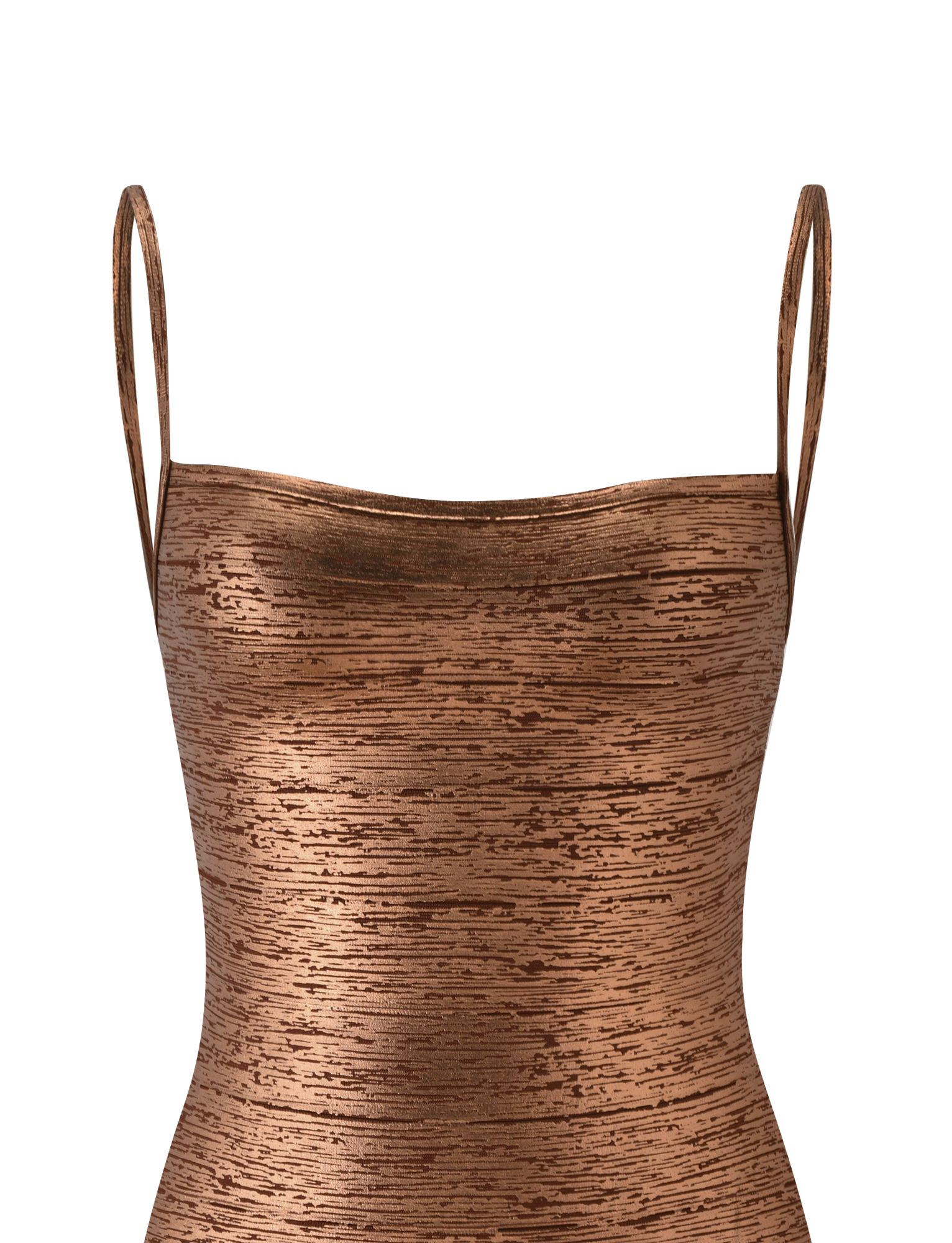 The MIDORI METALLIC MINI BANDAGE DRESS - BRONZE by TIGERMIST is a bronze sleeveless dress with thin straps and a striking metallic textured design. Its fitted bodice and straight neckline add a sophisticated flair, making it the perfect choice for date night. The dress is shown against a plain white background.