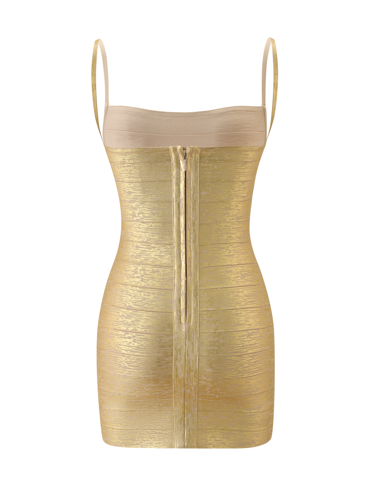 A sleeveless, form-fitting metallic gold mini dress with thin straps and a visible back zipper is displayed against a white background. The eye-catching MIDORI METALLIC BANDAGE MINI DRESS - GOLD by TIGERMIST showcases an elegant and contemporary silhouette, perfectly embodying the allure of a modern bodycon style.