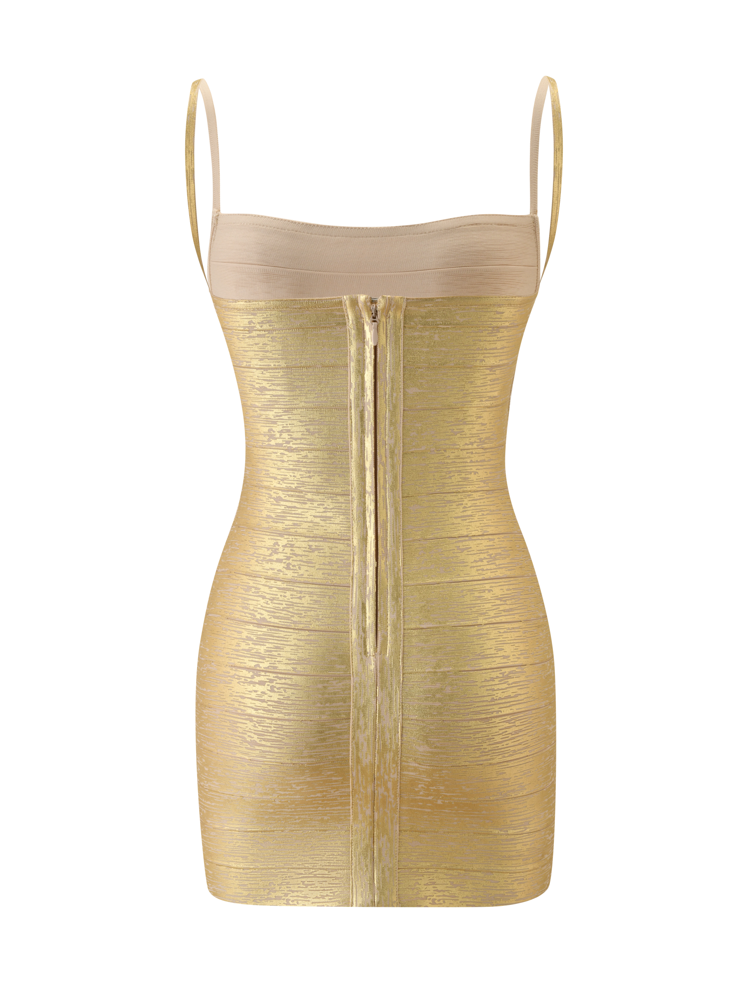 The TIGERMIST MIDORI METALLIC BANDAGE DRESS in gold features thin straps, a visible back zipper, and a chic bodycon silhouette—an ideal party dress for nights out. Displayed against a plain white background.