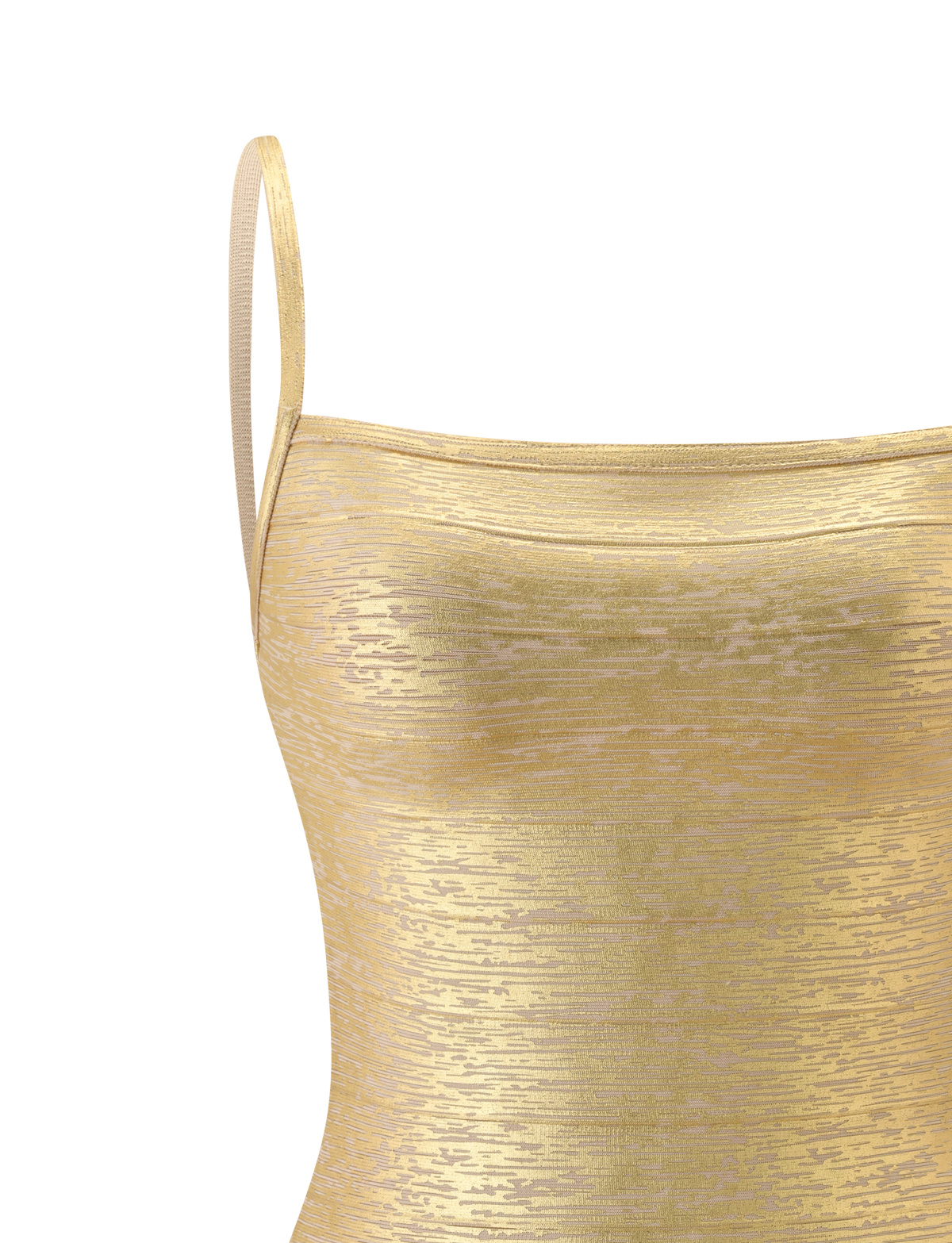The TIGERMIST MIDORI METALLIC BANDAGE MINI DRESS in gold is displayed from the chest up against a plain white background.