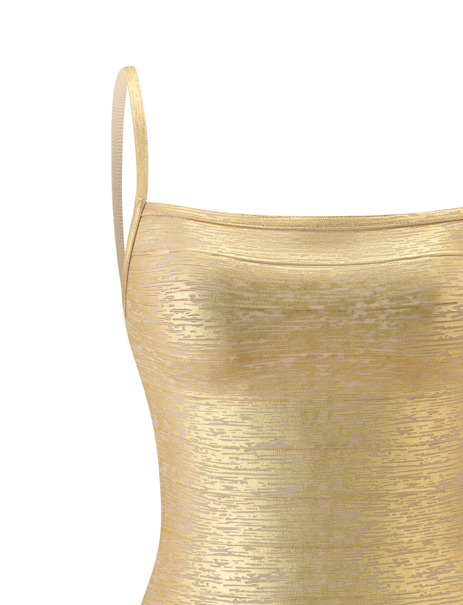 Close-up of the TIGERMIST MIDORI METALLIC BANDAGE DRESS in gold with thin shoulder straps, shown against a white background. The metallic finish gives it a chic bodycon appeal. Only the upper half of the dress is visible.