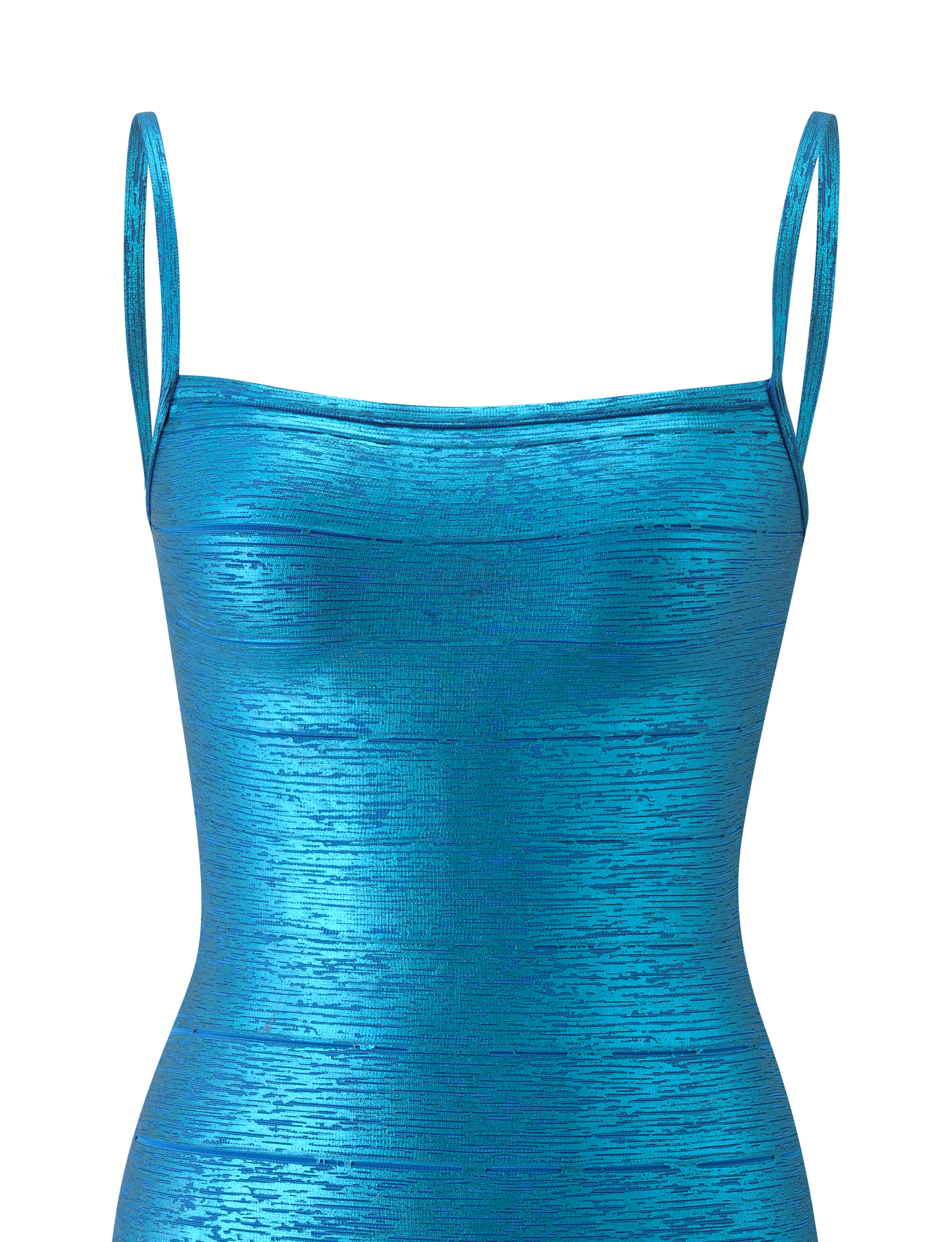 A close-up view of the TIGERMIST MIDORI METALLIC MINI BANDAGE DRESS in Aqua, featuring thin shoulder straps and a sculpting sleeveless design with a lustrous metallic finish, displayed on a plain white background for an elegant statement.