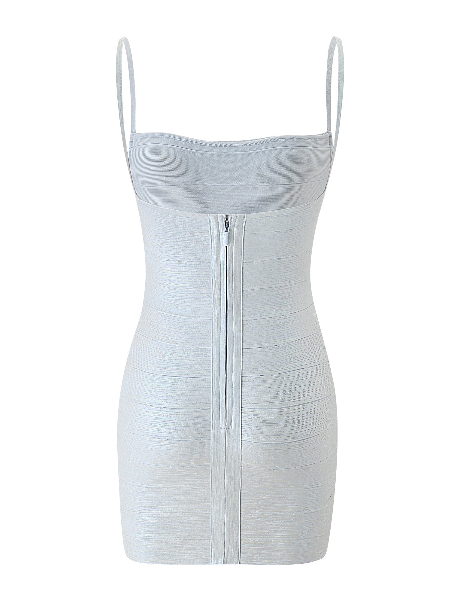 The MIDORI METALLIC MINI BANDAGE DRESS - OPAL by TIGERMIST is a light blue, sleeveless bodycon mini dress featuring thin shoulder straps and a visible back zipper, showcased against a plain white background.