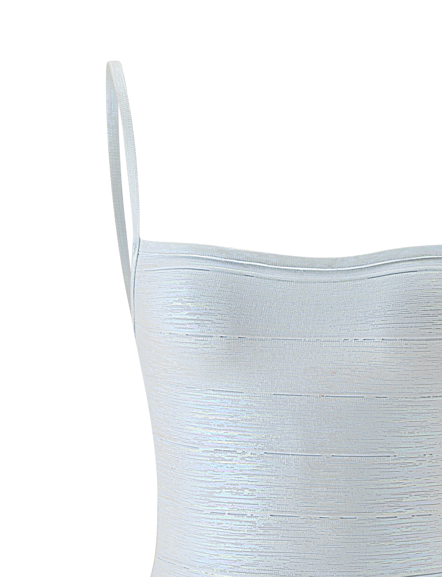 Close-up of the TIGERMIST MIDORI METALLIC MINI BANDAGE DRESS in Opal—a light blue, textured mini dress featuring thin spaghetti straps and a sleek, bodycon silhouette—shown against a plain white background.