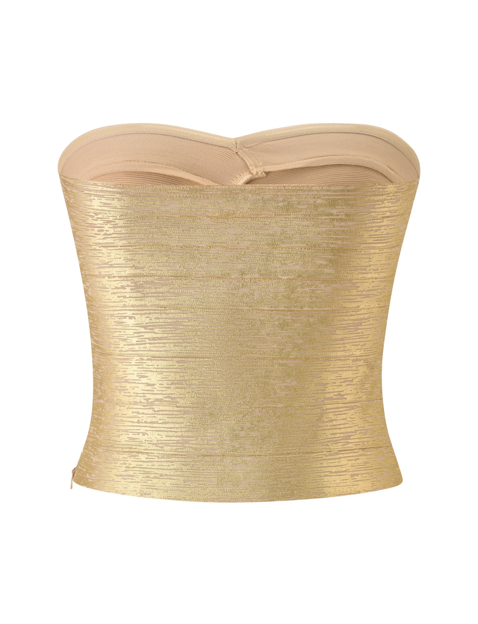 The NIYA METALLIC BANDAGE TOP by TIGERMIST is a strapless gold corset top with a metallic, textured finish and a sweetheart neckline, accented with beige trim and displayed against a plain white background.