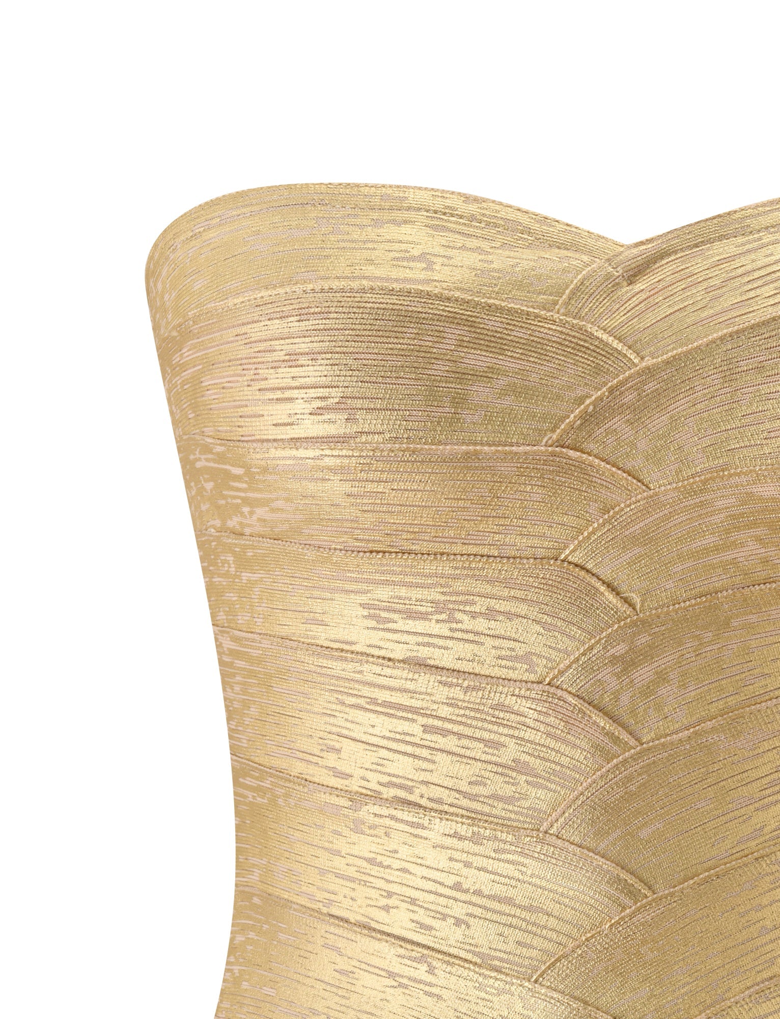 Close-up of the TIGERMIST NIYA METALLIC BANDAGE TOP in gold, featuring a strapless design with a textured, layered fabric pattern of horizontal and diagonal lines, finished with a bandage corset silhouette and an elegant sweetheart neckline.